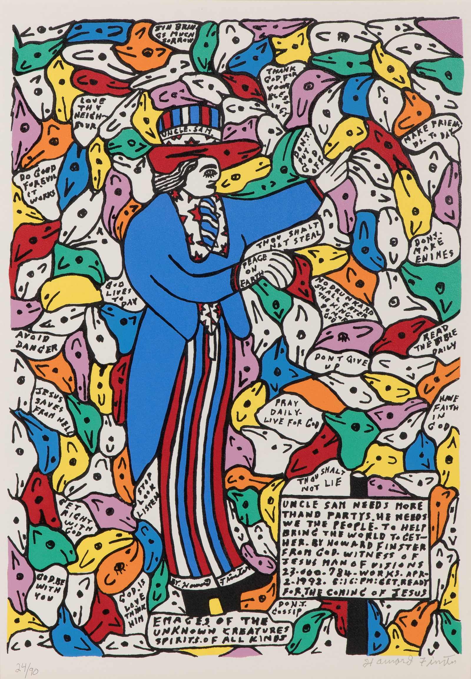 Howard Finster (American, 1916-2001) 'Images of the Unknown Creatures' Lithograph: Howard Finster (American, 1916-2001) 'Images of the Unknown Creatures' Lithograph 1992, pencil signed, #24/90, depicting a figure of Uncle Sam surrounded by a colorful crowd of patterned profile faces