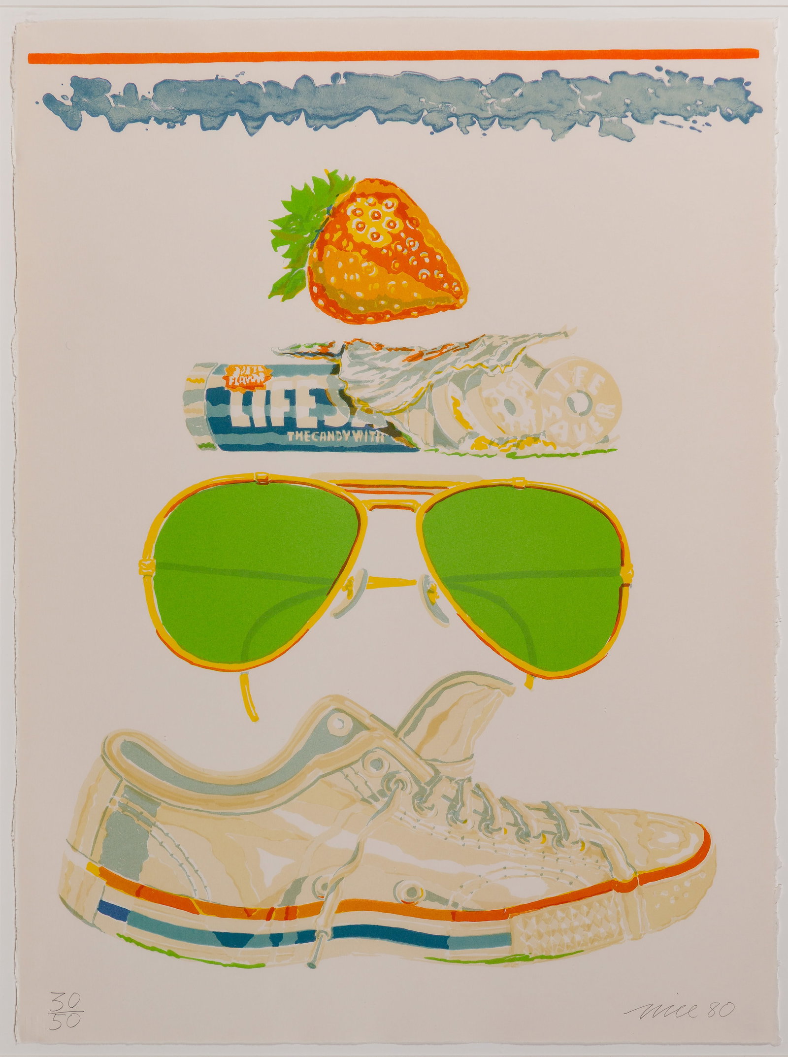 Don Nice (American, 1932-2019) 'American Totem' Lithograph: Don Nice (American, 1932-2019) 'American Totem' Lithograph 1980, pencil signed, #30/50, depicting a still-life composition having stacked American iconography, including a strawberry, a Life Savers ca