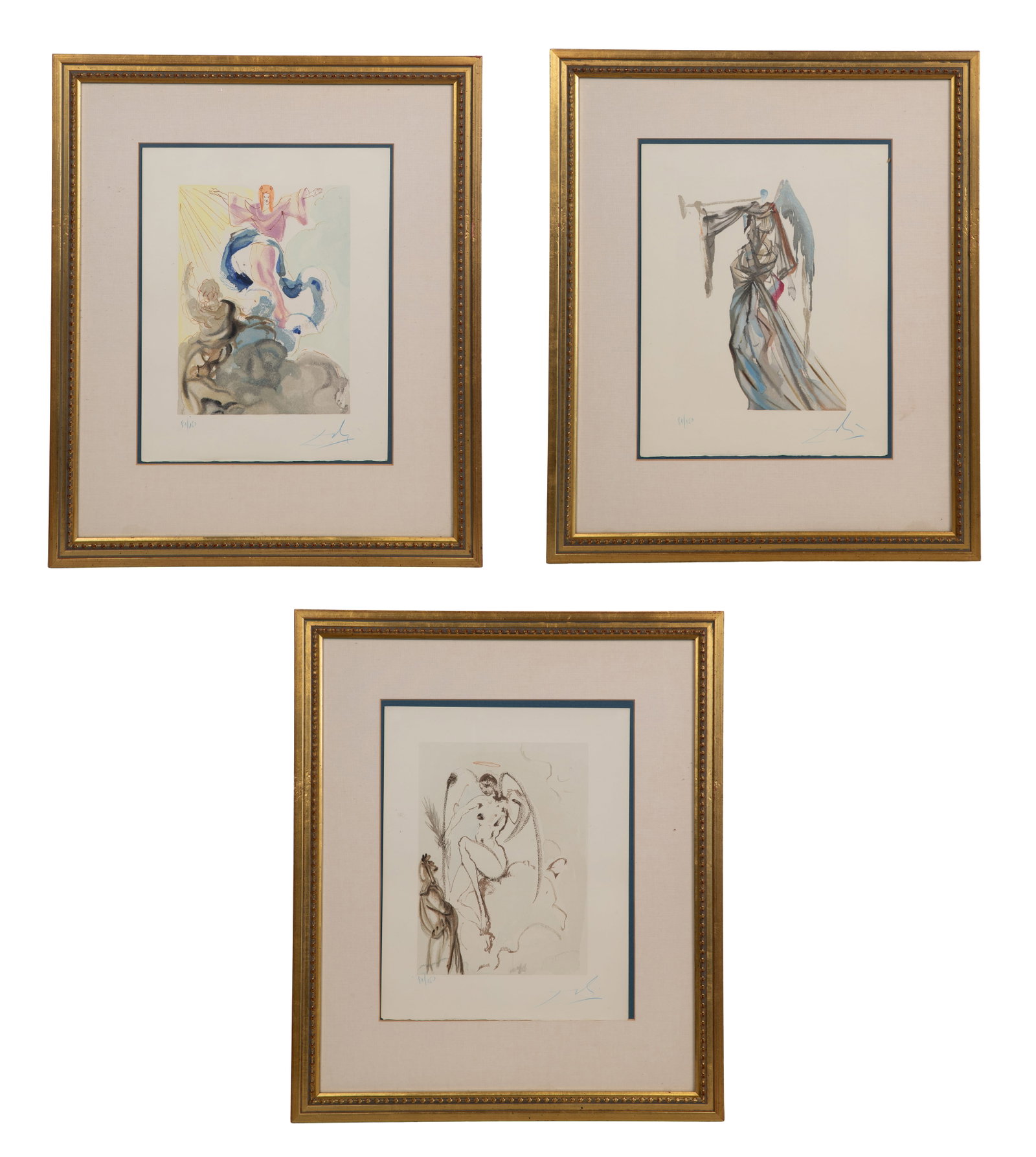Salvador Dali (Spanish, 1904-1989) Divine Comedy Woodcut Assortment: Salvador Dali (Spanish, 1904-1989) Divine Comedy Woodcut Assortment (3) items, signed in crayon, including a 'The First Heaven' plate #3, an 'Angel of the Sun' plate #10 and a 'The Archangel Gabriel' 