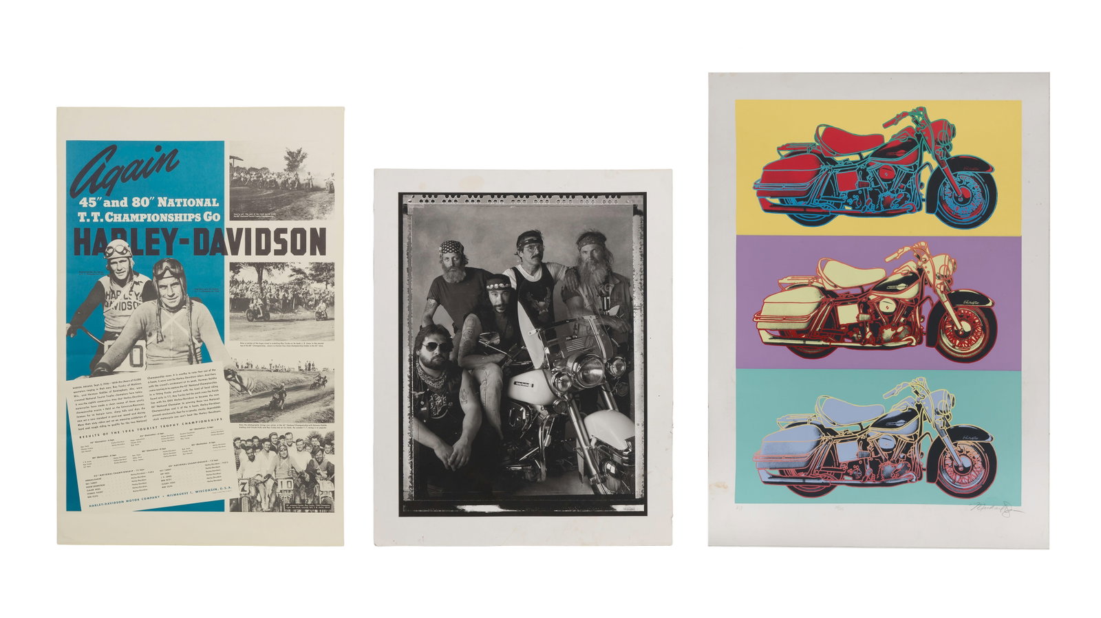 Harley Davidson Poster and Artwork Assortment: Harley Davidson Poster and Artwork Assortment (3) items including a 1994, pencil signed 'Fiedbert Renbaum', AP, Harley pop art serigraph depicting a stacked triple-image of a vintage Harley-Davidson m