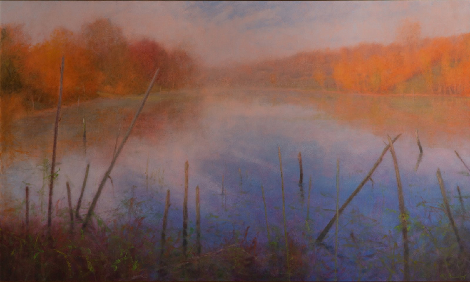 M. K. Hurley (American, b.1952) Oil on Canvas: M. K. Hurley (American, b.1952) Oil on Canvas Undated, signed, depicting a tranquil body of water, autumn foliage and vertical reeds, in a black and gold-tone painted frame Property from: a Private