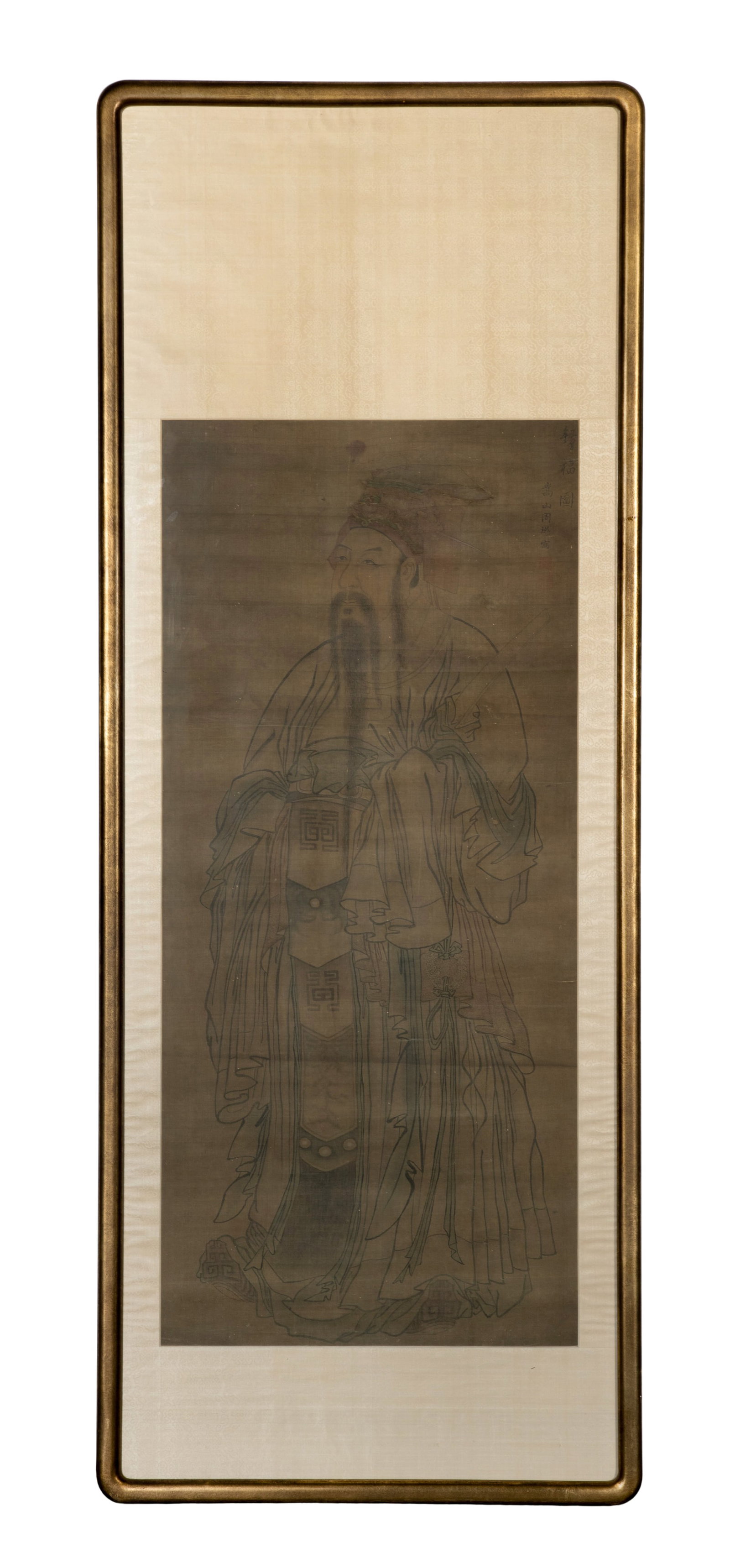 Chinese Ink and Watercolor Silk Scroll: Chinese Ink and Watercolor Silk Scroll A scroll having a portrait of a bearded sage in traditional flowing robes, under glass in a gold-tone painted frame Property from: an Estate, Wilmette, Illinois 