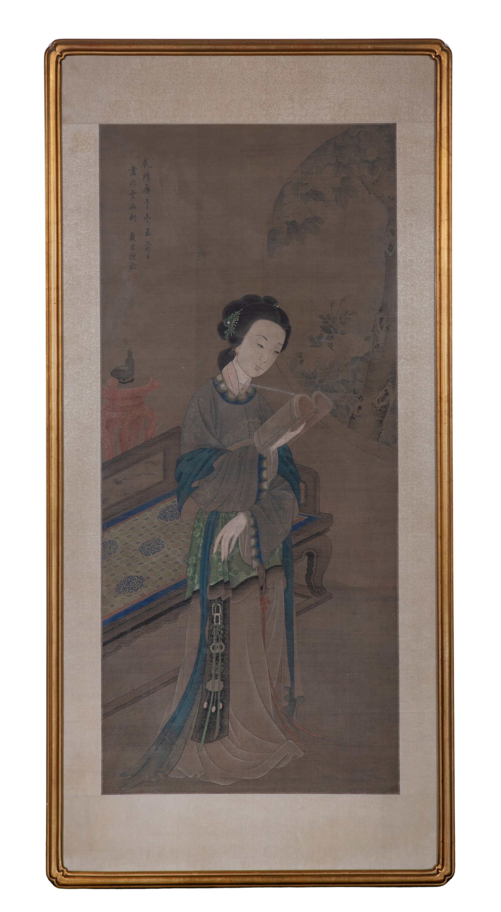 Chinese Gouache on Silk Scroll: Chinese Gouache on Silk Scroll Undated, unsigned, depicting a scholar, in a gilt wood frame having Newcomb-Macklin sticker Property from: an Estate, Wilmette, Illinois Height: 49 inches, Width: 21