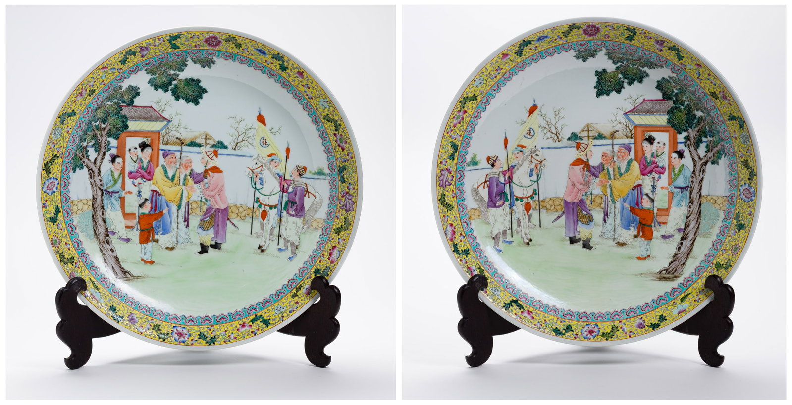 Chinese Famille Rose Porcelain Chargers: Chinese Famille Rose Porcelain Chargers A matched pair, Qianlong period, depicting the story of Chinese female soldier Mulan bidding farewell to her family, having Thai Antiquarium paper label on