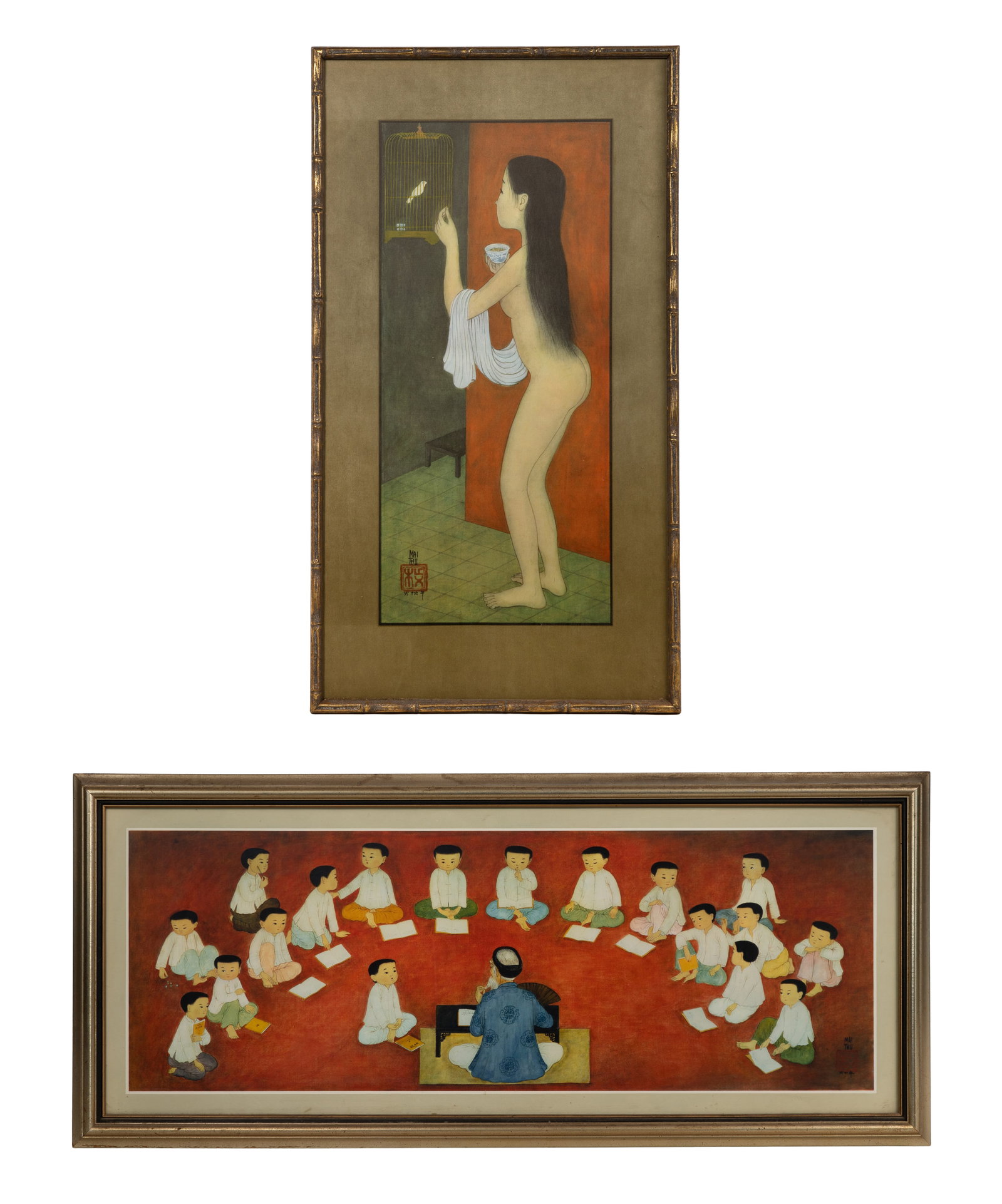 Mai Thung Thu (Vietnamese, 1906-1980) Reproduction Prints: Mai Thung Thu (Vietnamese, 1906-1980) Reproduction Prints (2) items including an image of a nude feeding a caged bird, printed on silk, behind glass in a gold-tone faux bamboo frame having publisher