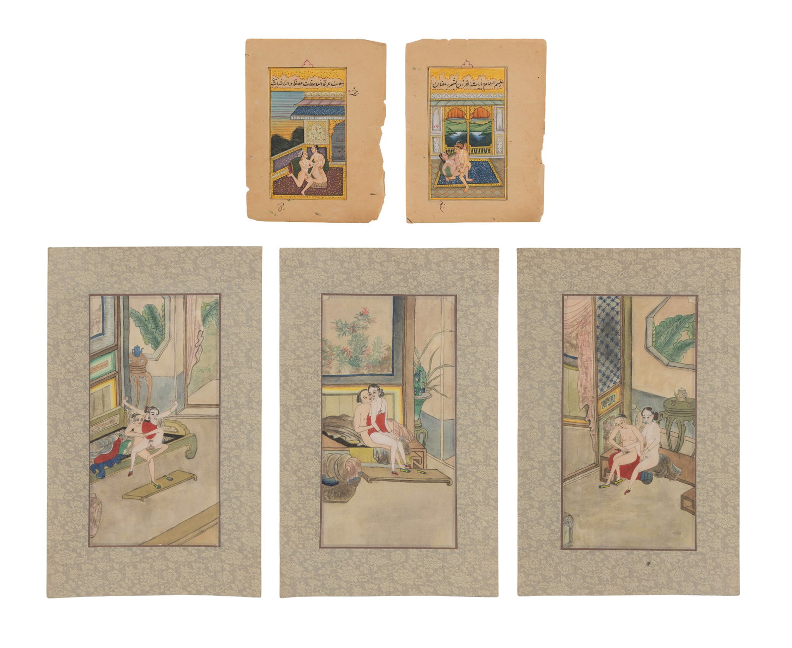 Asian Erotic Art: Asian Erotic Art (5) items including watercolor, gouache and ink hand-painted miniatures on paper, resembling Indo-Persian style erotic / harem scenes, some mounted on silk Property from: an Estate, C