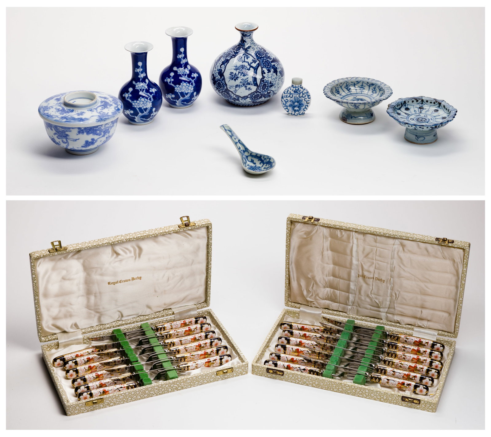 Asian Porcelain Object Assortment: Asian Porcelain Object Assortment (10) total items including (2) pedestal bowls, a Qing Dynasty style bud vase set, a scent bottle, a Gaiwan lidded bowl and a spoon; together with (2) Royal Crown
