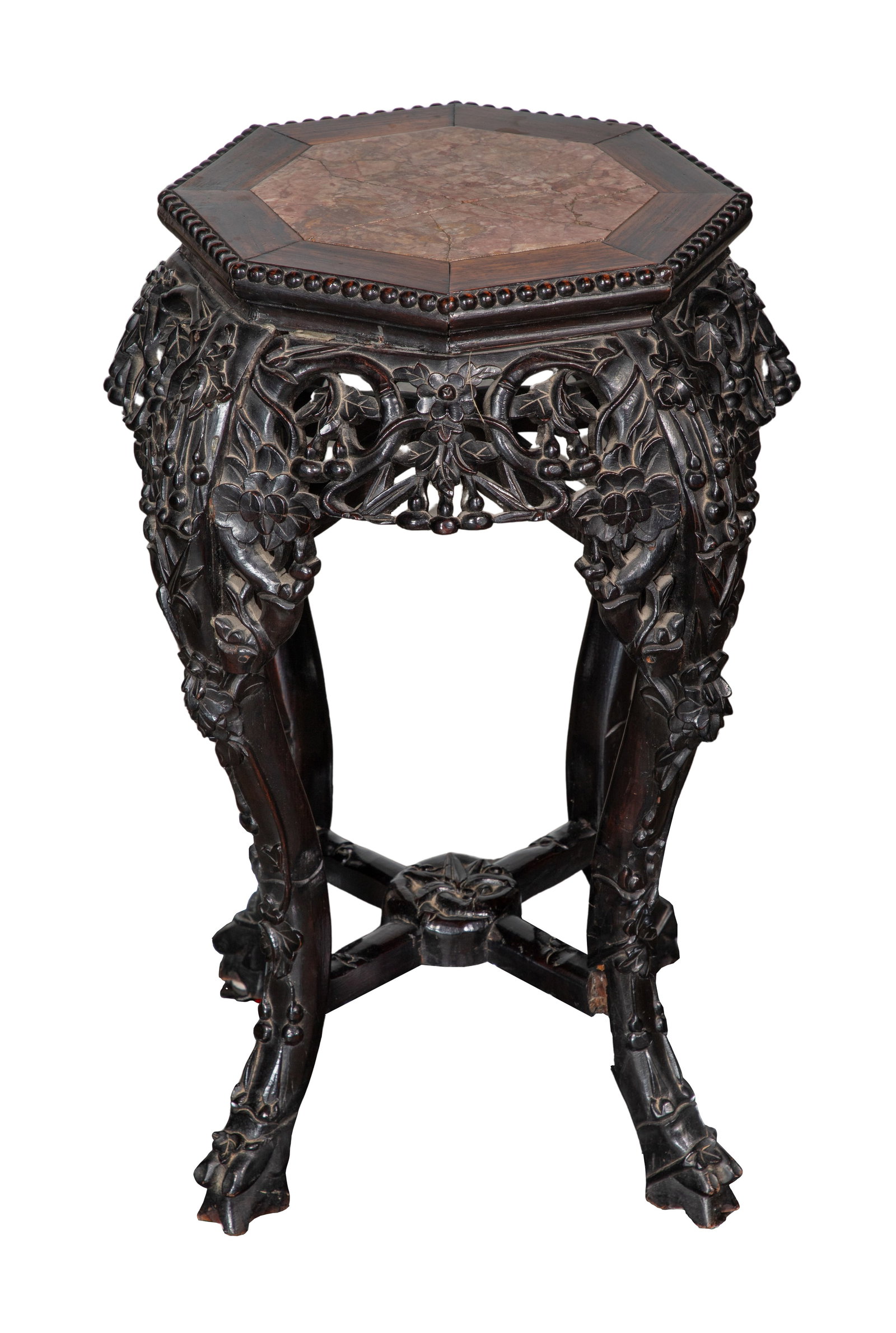 Chinese Marble Top Plant Stand: Chinese Marble Top Plant Stand Floral carved ebony, having cross-stretcher and octagonal inset marble top Property from: an Estate, Deerfield, Illinois Height: 24 inches, Width: 17 inches, Depth: 17