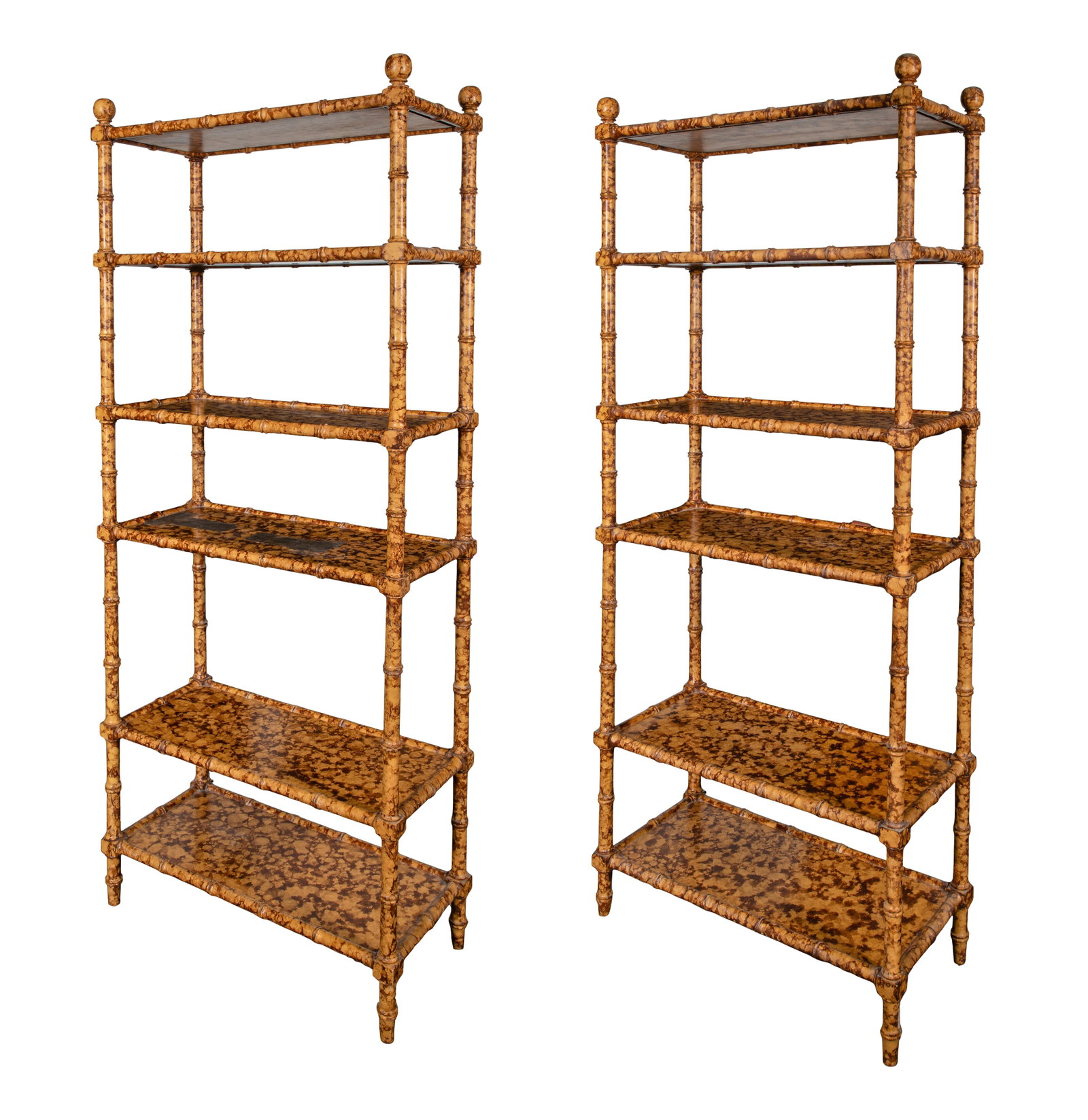 Faux Bamboo Bookcases: Faux Bamboo Bookcases (2) items having mottled brown and yellow finish Property from: an Estate, Wilmette, Illinois Height: 77 inches, Width: 31 inches, Depth: 14 1/2 inches (each) Condition: overall