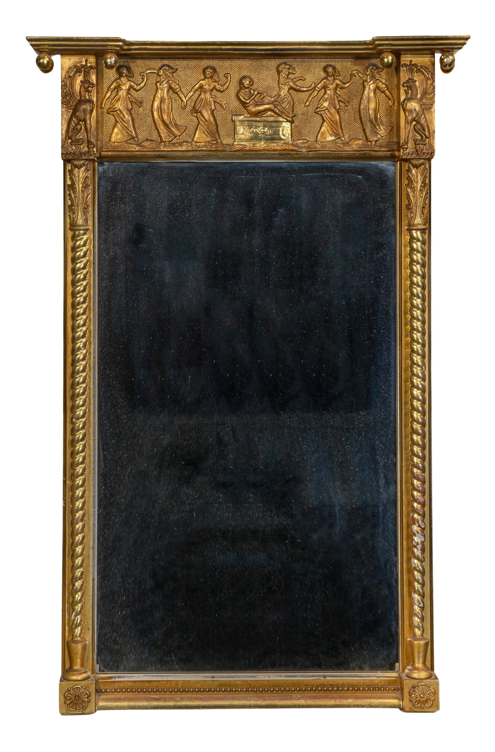 Gilt Wood Wall Mirror: Gilt Wood Wall Mirror Having Classical style relief at the crest Property from: an Estate, Wilmette, Illinois Height: 39 inches, Width: 25 inches, Depth: 3 3/4 inches Condition: paint loss and small