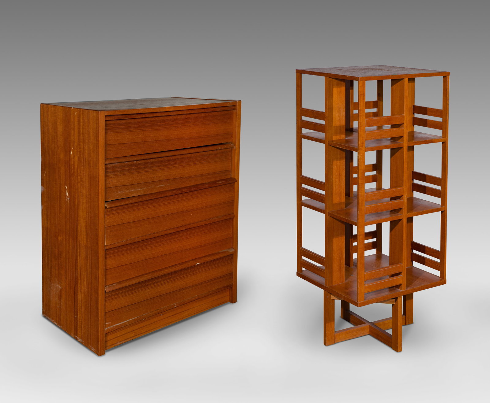 Danish Modern Teak Furniture: Danish Modern Teak Furniture (2) teak-veneered items including a highboy dresser having six stacked drawers and linear pulls, retaining Made in Denmark label on backside and a 360-degree rotating book