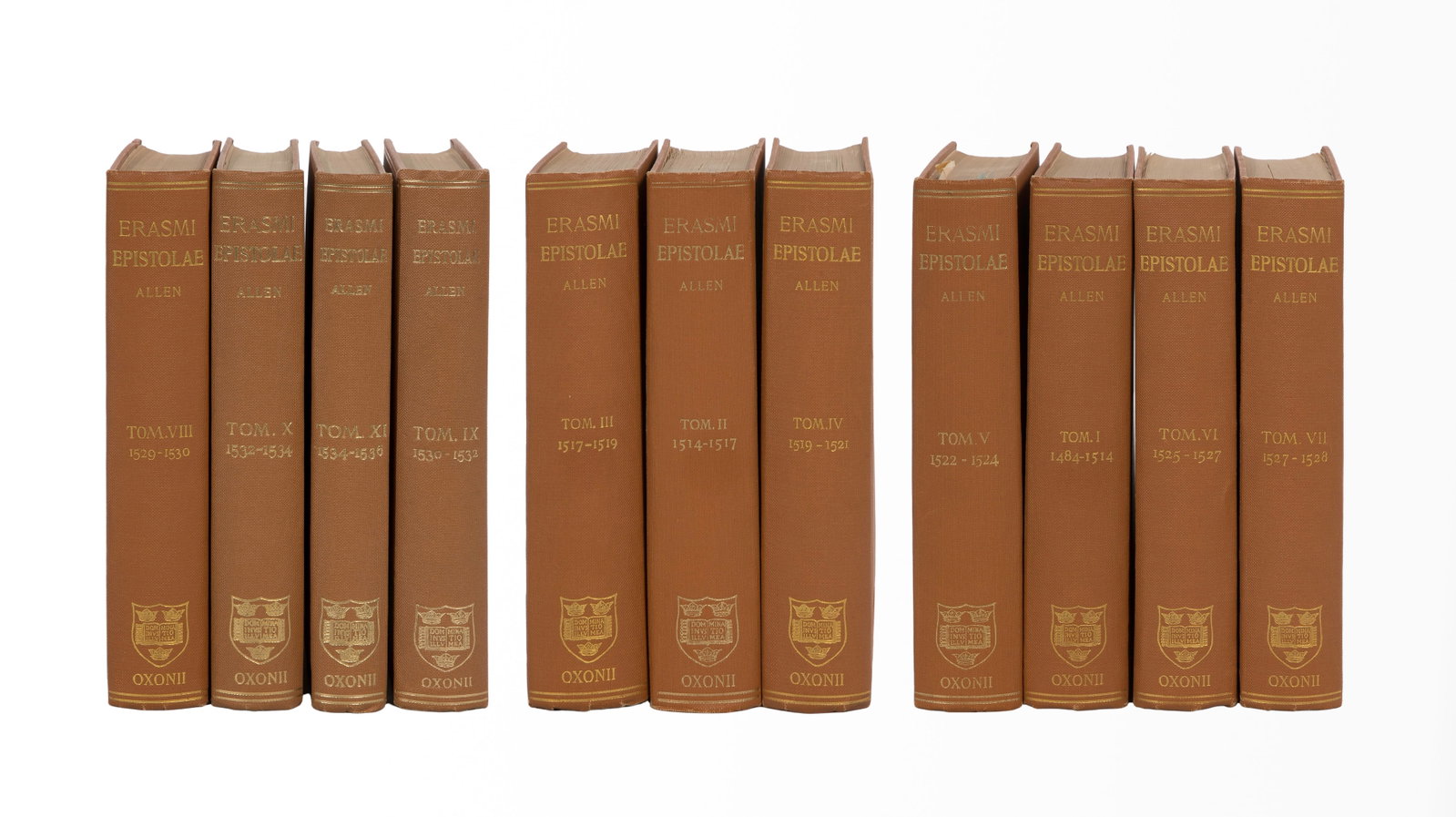 Erasmus 'Erasmi Epistolae' Partial Book Set: Erasmus 'Erasmi Epistolae' Partial Book Set (11) volumes, full title 'Opus Epistolarum Des. Erasmi Roterodami', Latin language correspondence of Desiderius Erasmus (Dutch, 1466-1536) humanist,