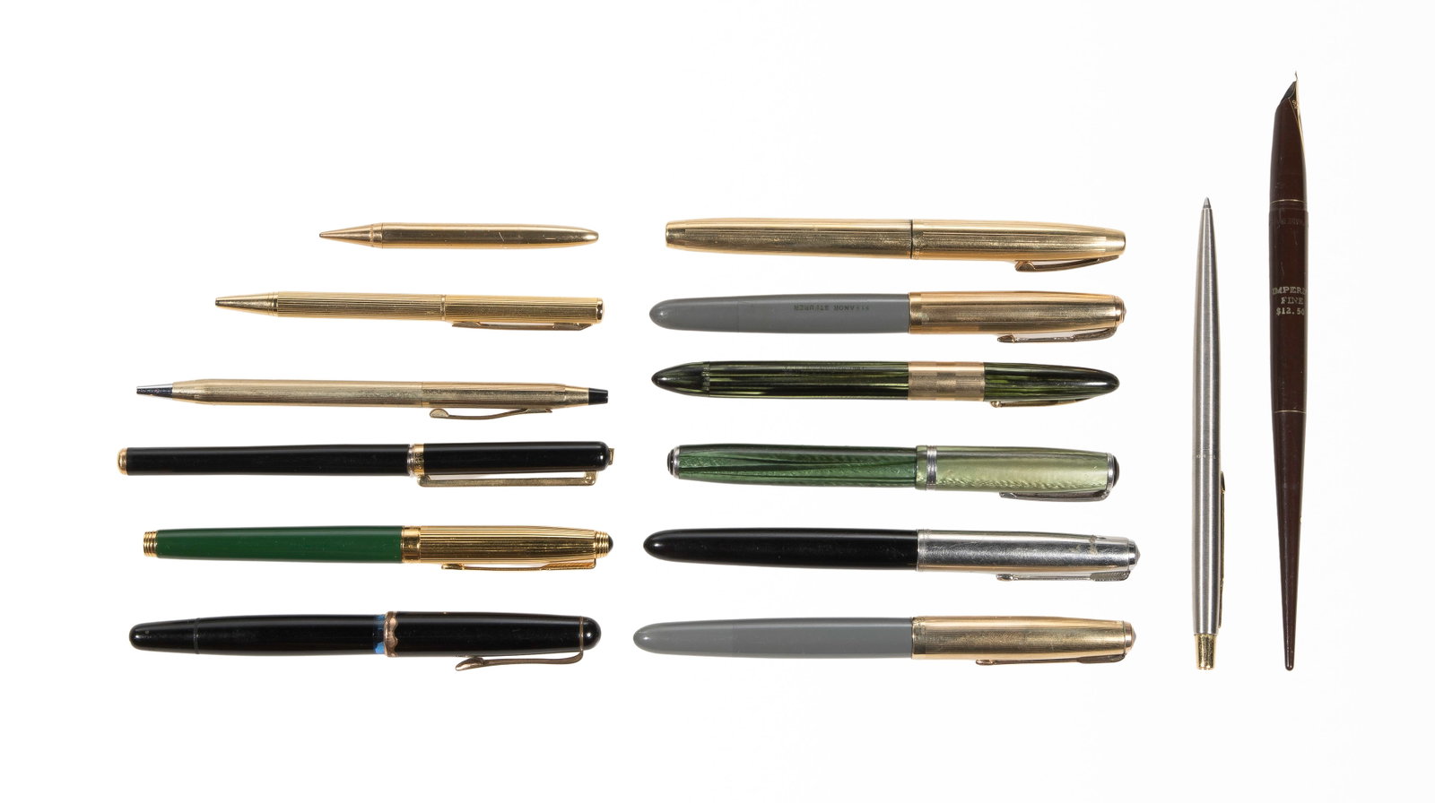 Pen and Pencil Assortment: Pen and Pencil Assortment (14) items in various shapes, sizes, makers such as Parker, Schaefer, Cross, Esterbrook, some gold nibs noted Property from: a Private Collector, Evanston, Illinois Length: