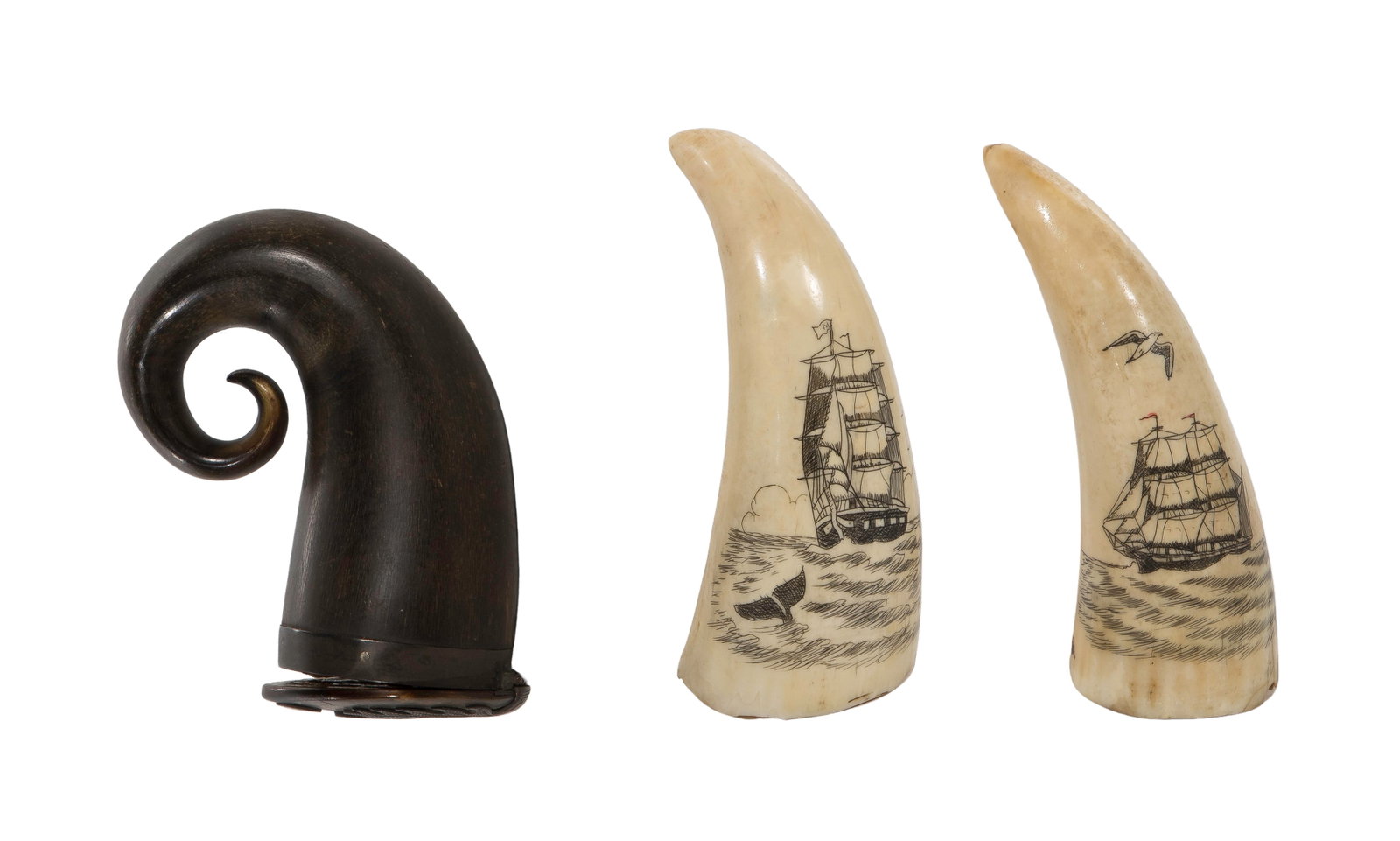 Scottish Horn Snuff Mull and Scrimshaw Carvings (1 of 2)