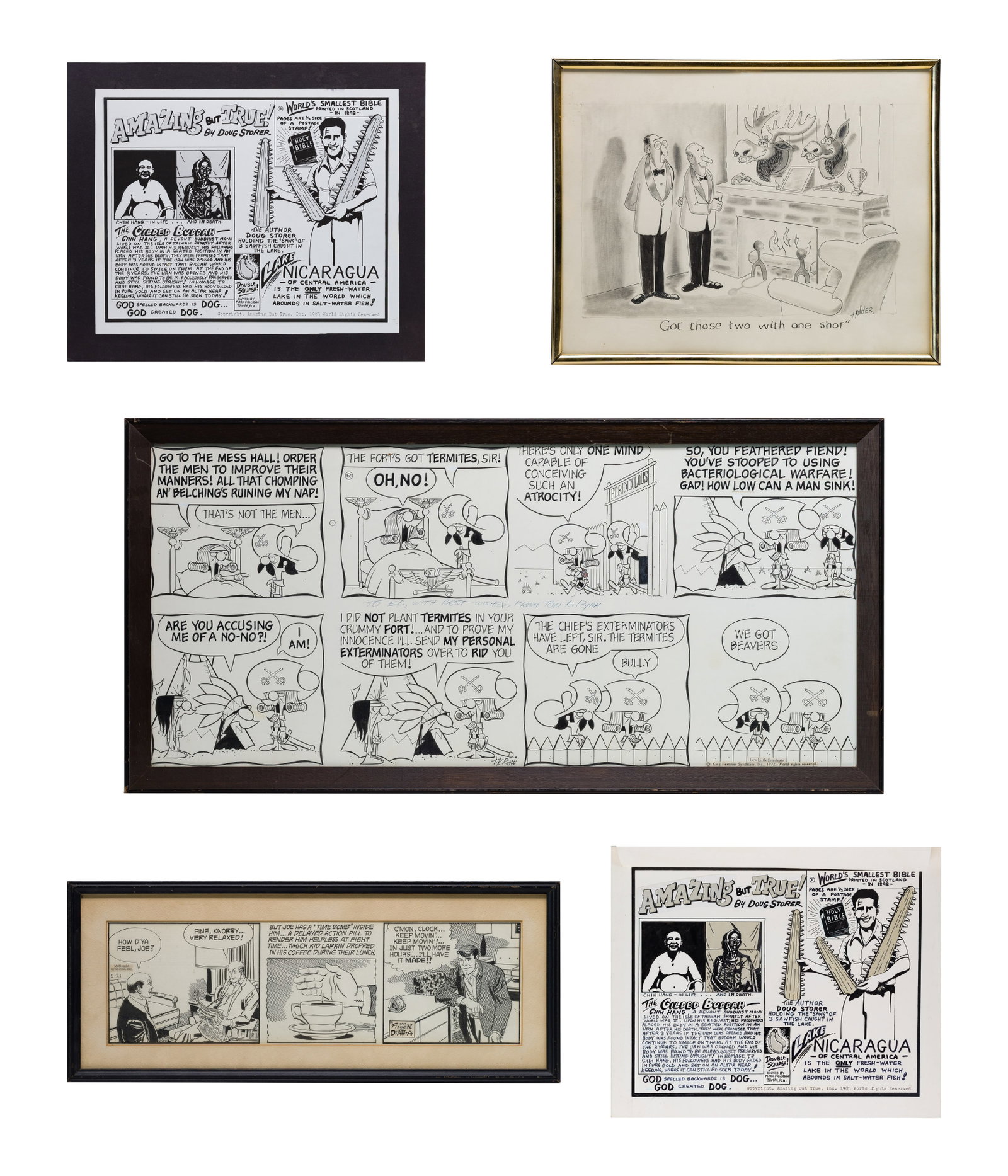Comic Art Assortment: Comic Art Assortment (22) items including a 1972 Tom K. Ryan 'Tumbleweeds' 8-panel daily strip, a late 1950s Tony DiPreta 'Joe Palooka' 3-panel daily strip, a single panel signed 'Holder' behind glass