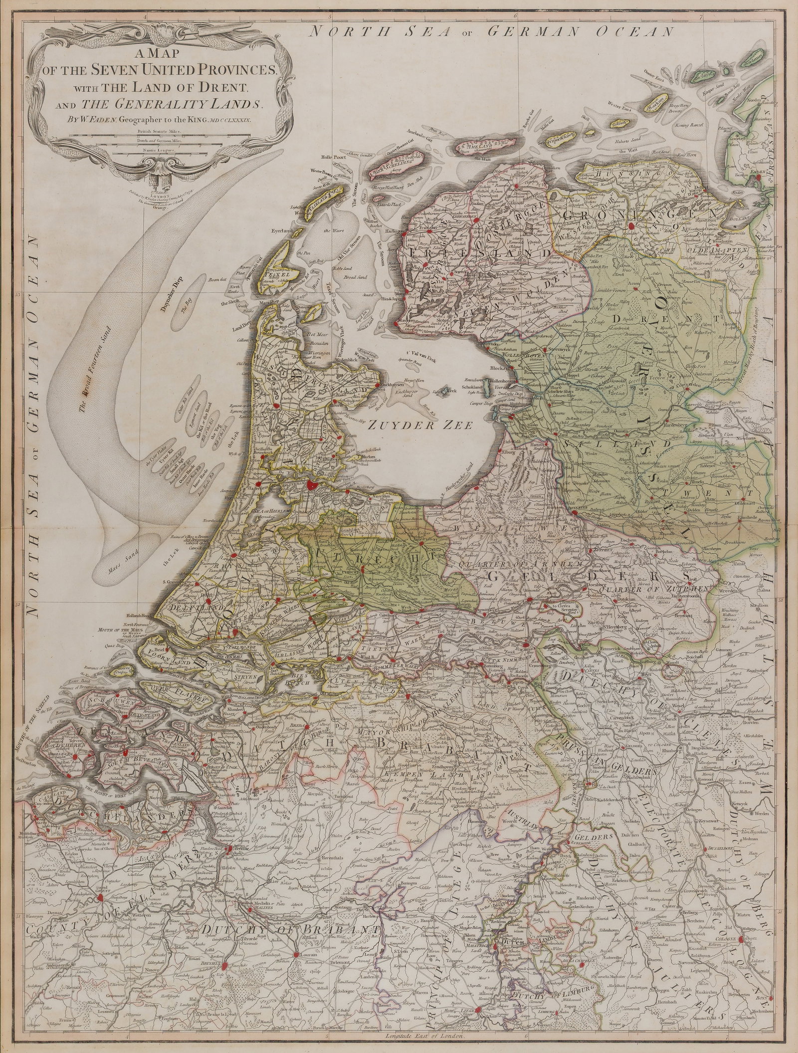'A Map of the Seven United Provinces with the Land of Drent, and the Generality Lands': 'A Map of the Seven United Provinces with the Land of Drent, and the Generality Lands' Published 1794, depicting the historical Dutch Republic (Seven United Provinces) having a decorative cartouche