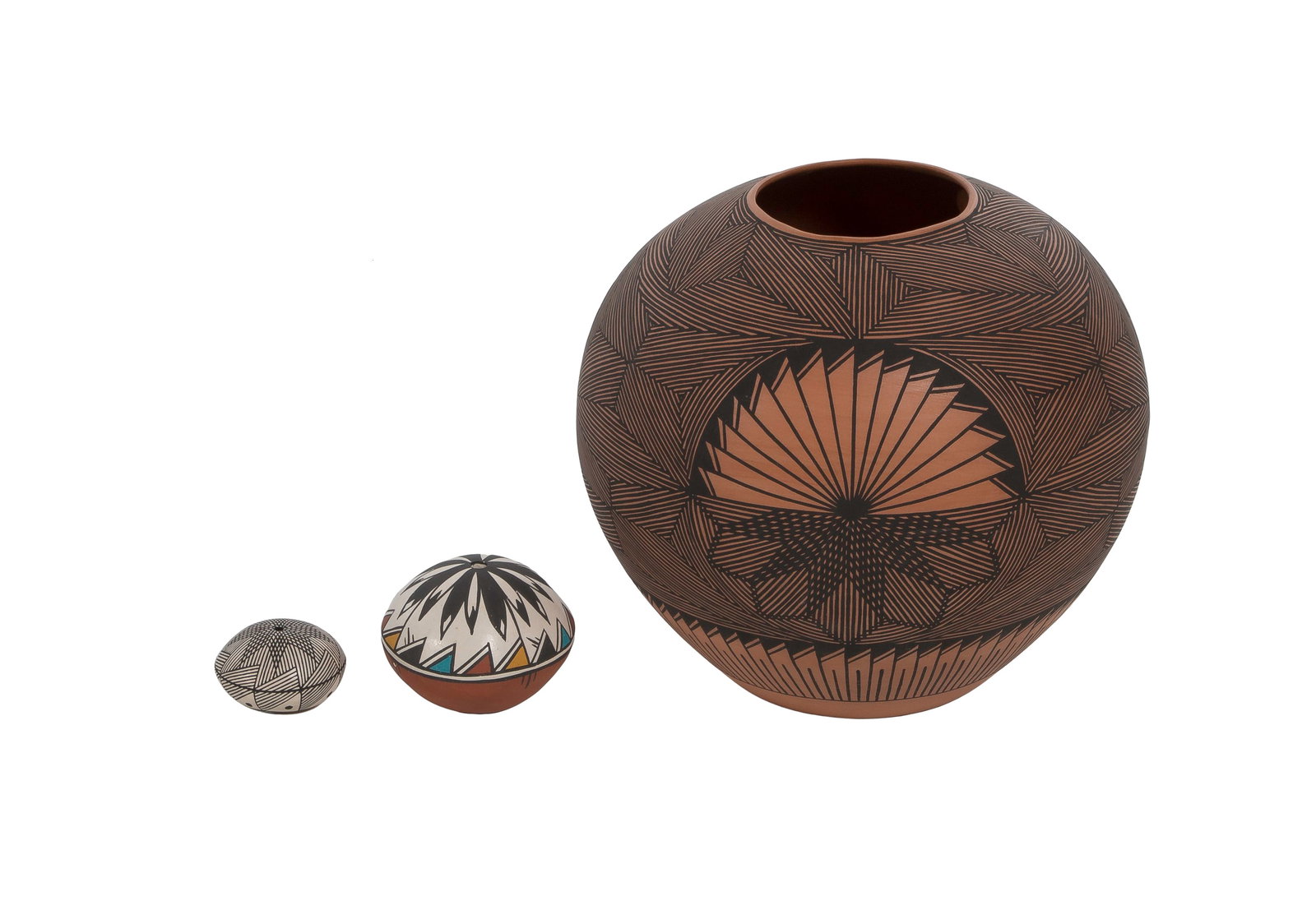 Native American Acoma Pottery Assortment: Native American Acoma Pottery Assortment (3) items, hand-coiled and painted having fine-line geometric or polychrome motifs using natural pigments, signed largest to smallest, H. Poncho, A. F. and B.