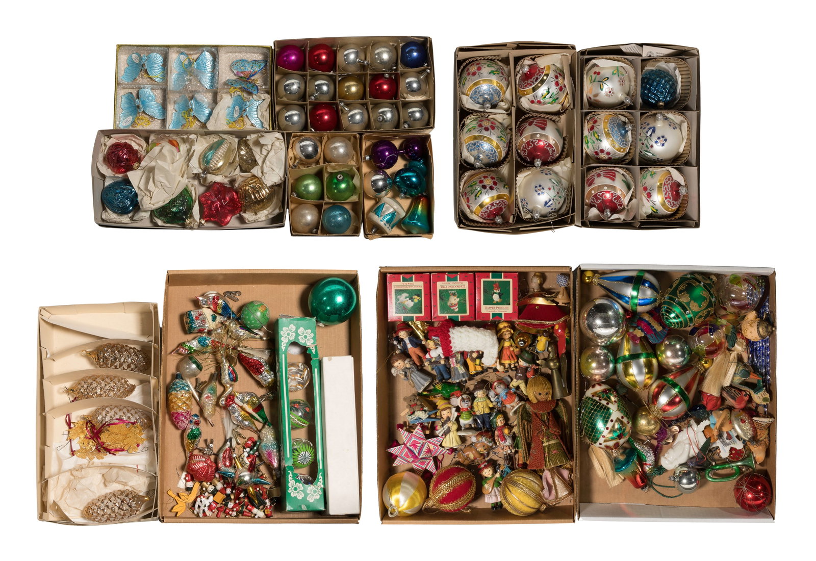Christmas Ornament Assortment: Christmas Ornament Assortment Approximately (125) ornaments including mercury glass baubles, indent reflectors, stenciled or hand-painted floral spheres, spun-cotton or molded figures, some having