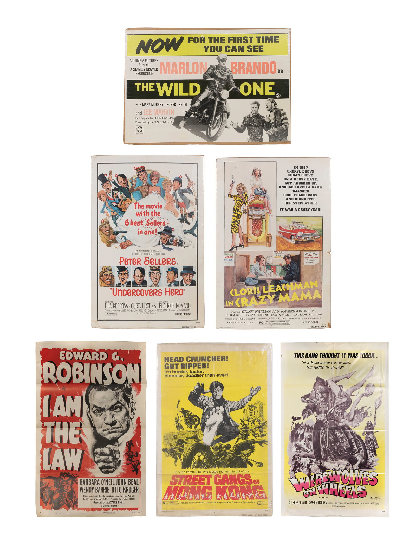 20th Century Movie Poster Assortment: 20th Century Movie Poster Assortment (6) items from various movies including The Wild One, Crazy Mama, Undercover Hero, Street Gangs Property from: an Estate, Chicago (Logan Square), Illinois Height: