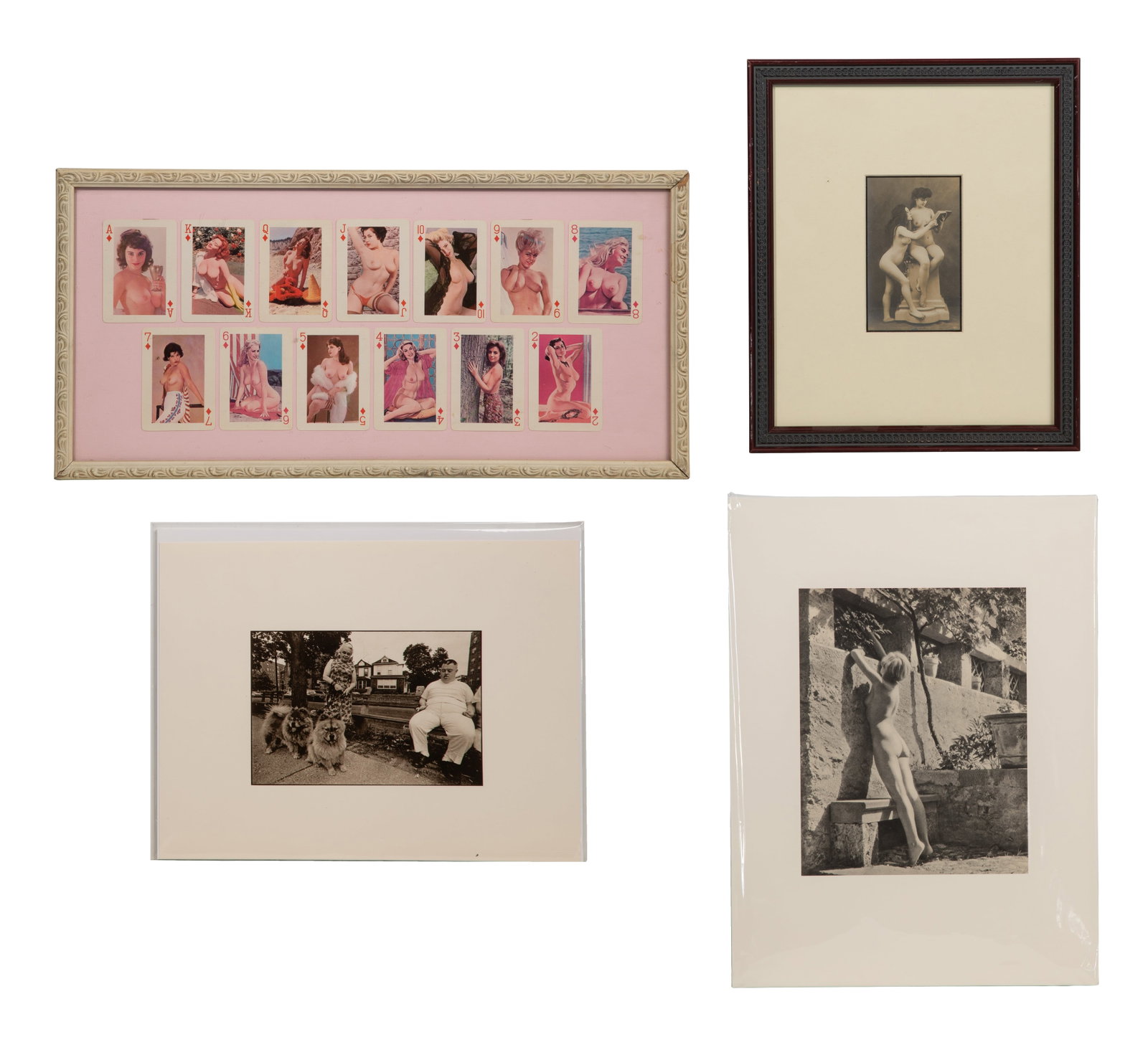 Nude Print and Ephemera After Photograph Assortment: Nude Print and Ephemera After Photograph Assortment (4) total items including a set of diamond suit playing cards float mounted behind glass in a single painted wood frame, a postcard float mounted