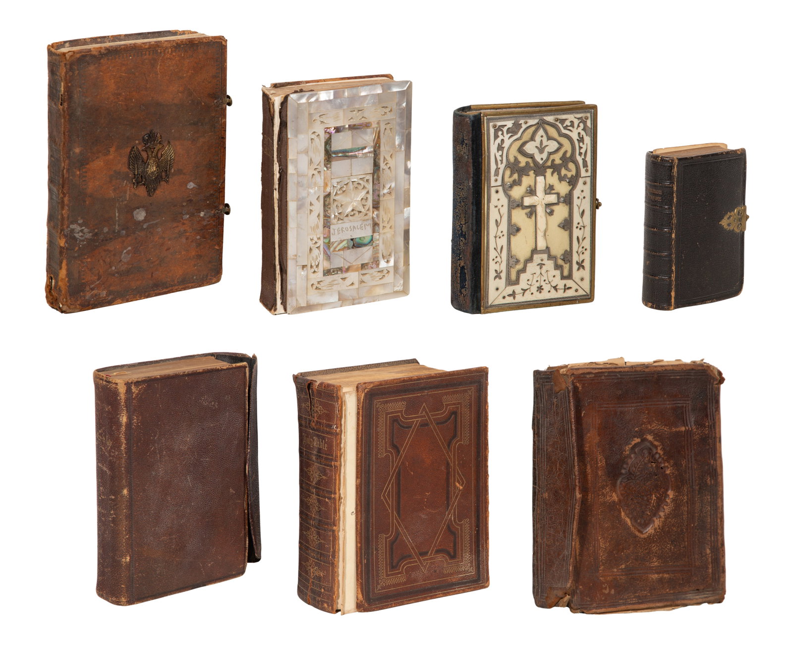 Bible and Holy Book Assortment: Bible and Holy Book Assortment (7) items, (3) English language including an undated Bible having mother of pearl mosaic on cloth covered boards, illustrated from photographs of Jerusalem, souvenir