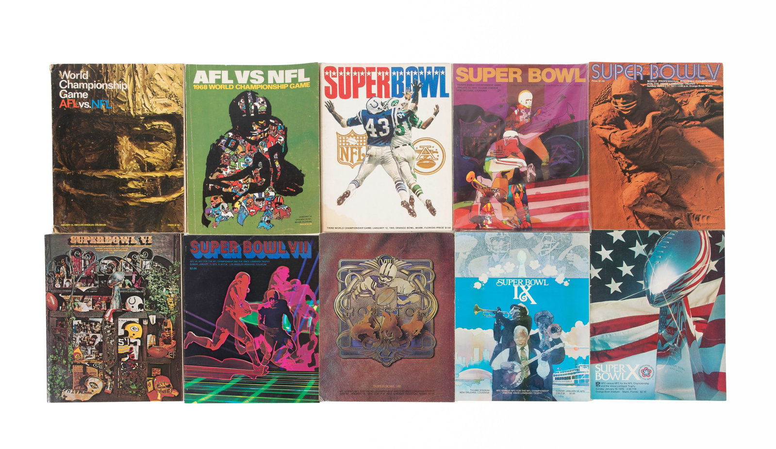 Super Bowl Program Collection: Super Bowl Program Collection (73) programs including a complete set from 1967 to 2026; together with some duplicates Property from: a Private Collector, Bourbonnais, Illinois Height: 10 3/4 inches,