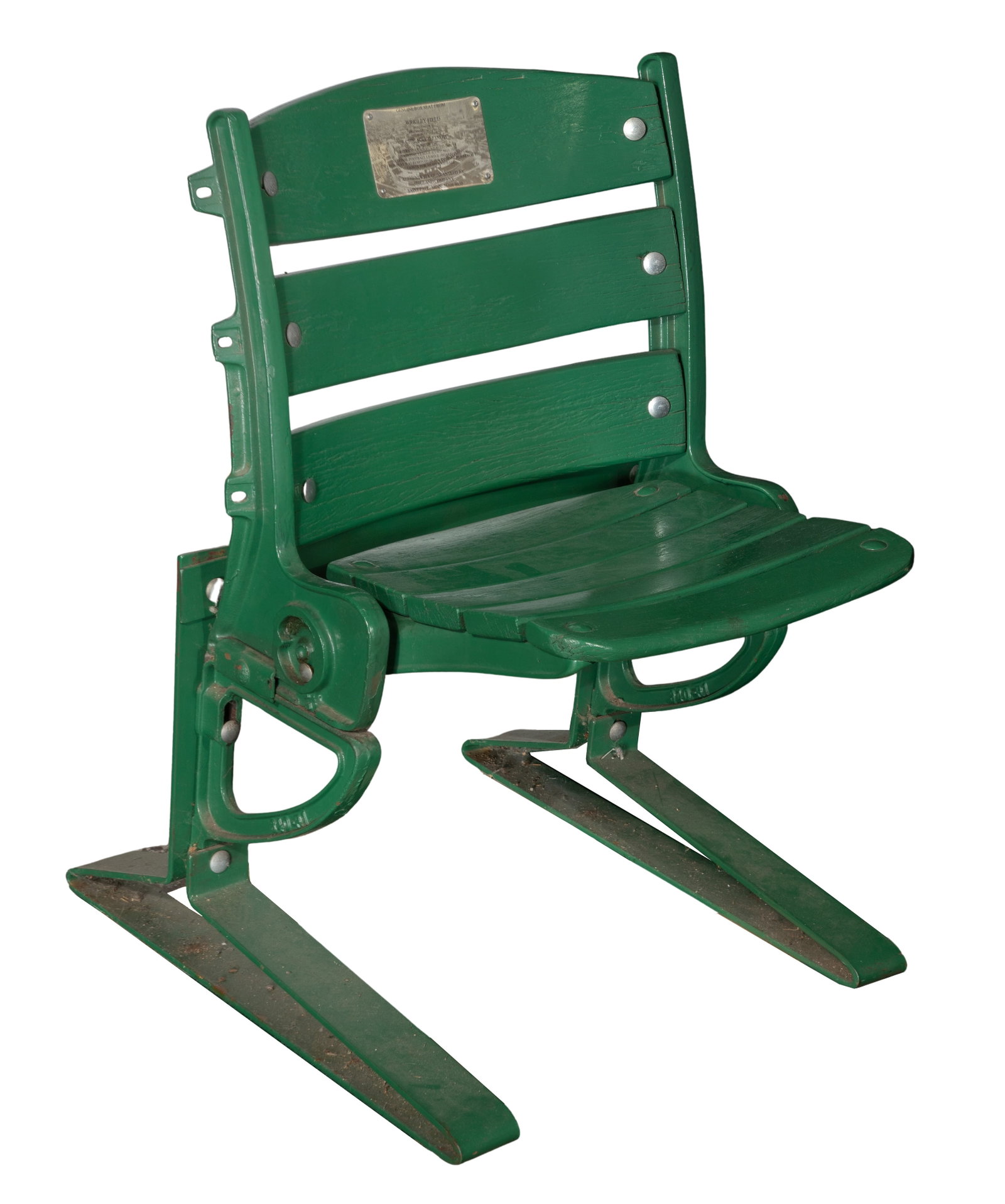 Wrigley Field Stadium Seat: Wrigley Field Stadium Seat Painted wood and metal having brass plaque detailing its removal in 1988 to accommodate lights for night games, statement of authenticity from Seitz and Company, Saint