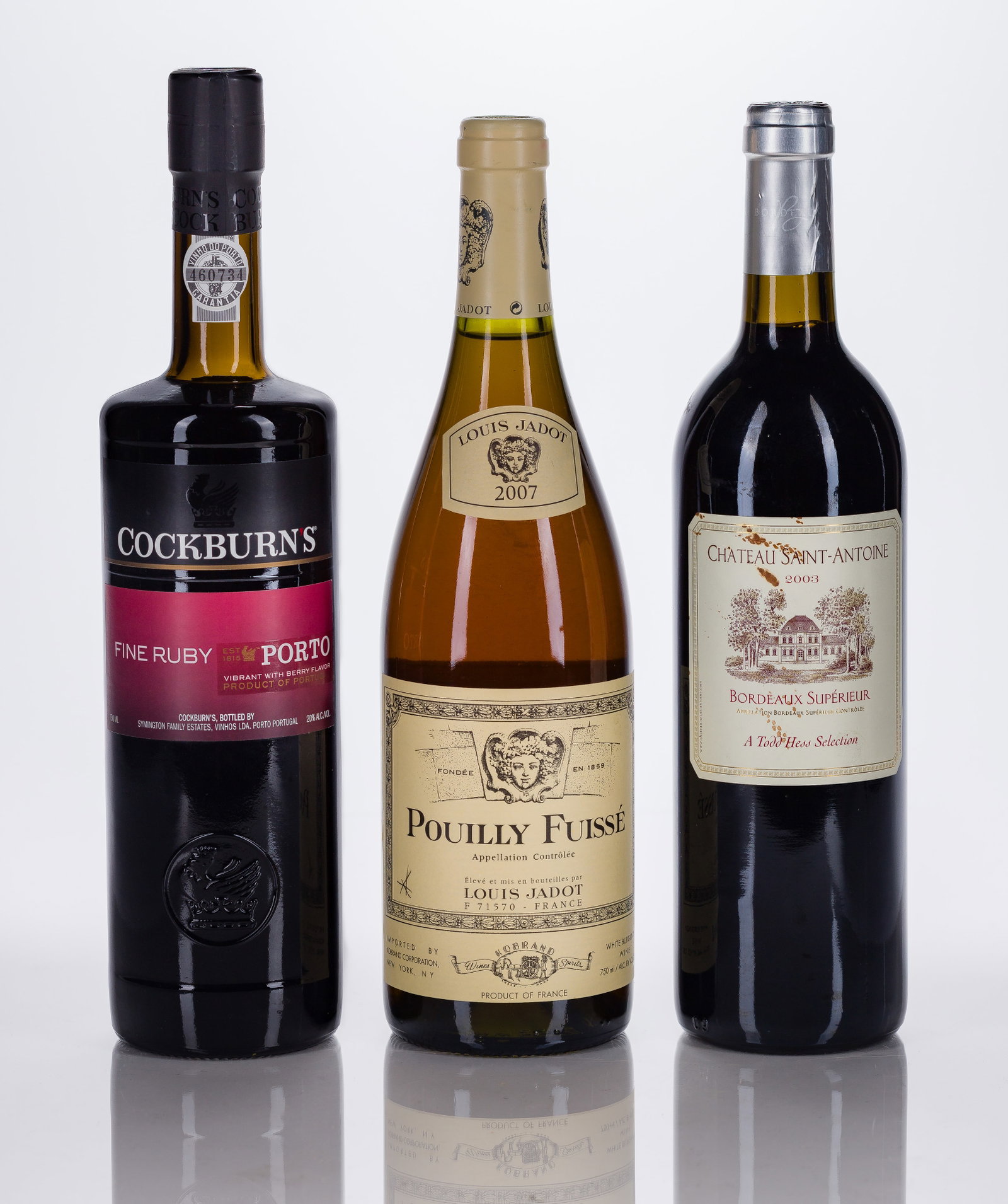 Wine Assortment: Wine Assortment (3) items including 2007 Louis Jadot Pouilly-Fuisse white Burgundy wine (1x 750 ml), fill: 2.5cm or better, labels: fully legible, intact, capsule / cork: firm, original, no signs of l