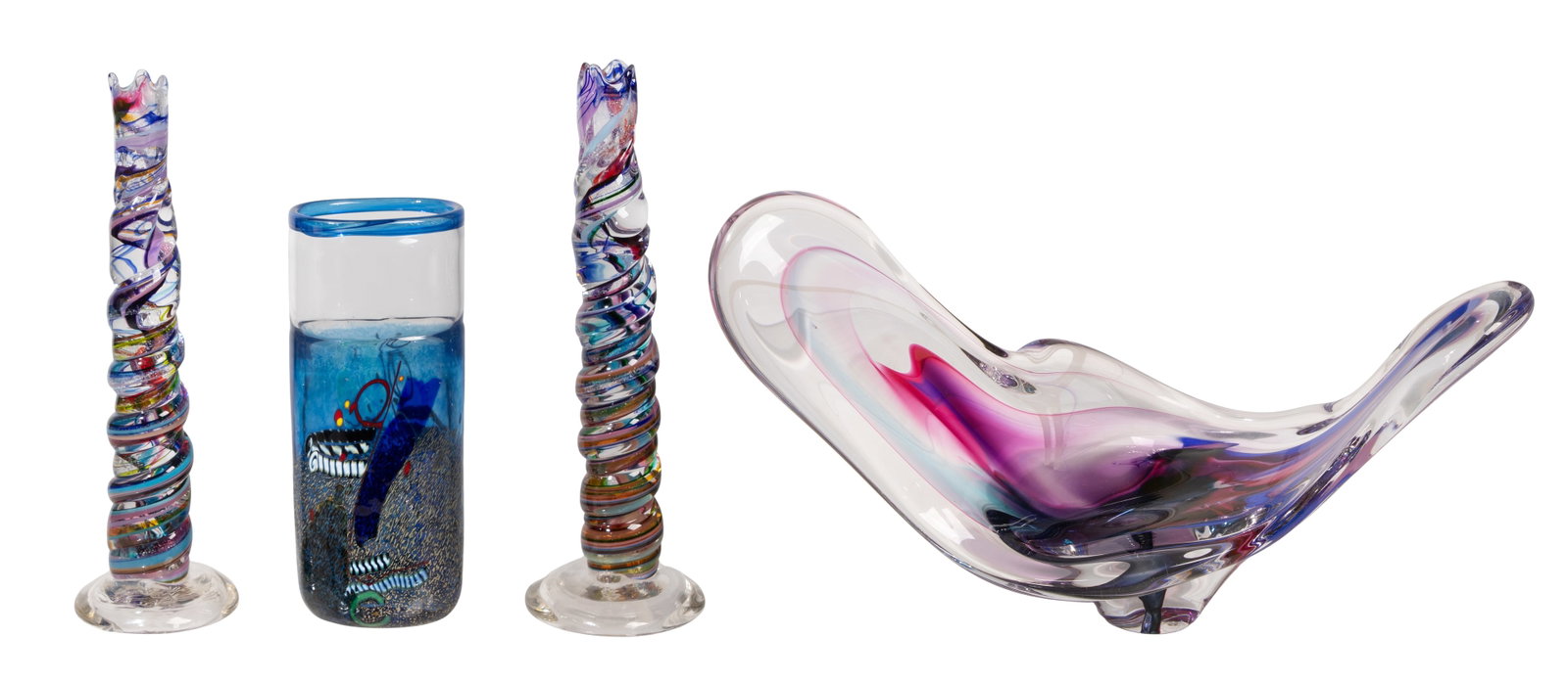 Art Glass Assortment: Art Glass Assortment (4) items including a centerpiece bowl, a pair of candlesticks etch signed David Goldberg and a vase marked Kosta Boda Property from: a Private Collector, Lombard, Illinois