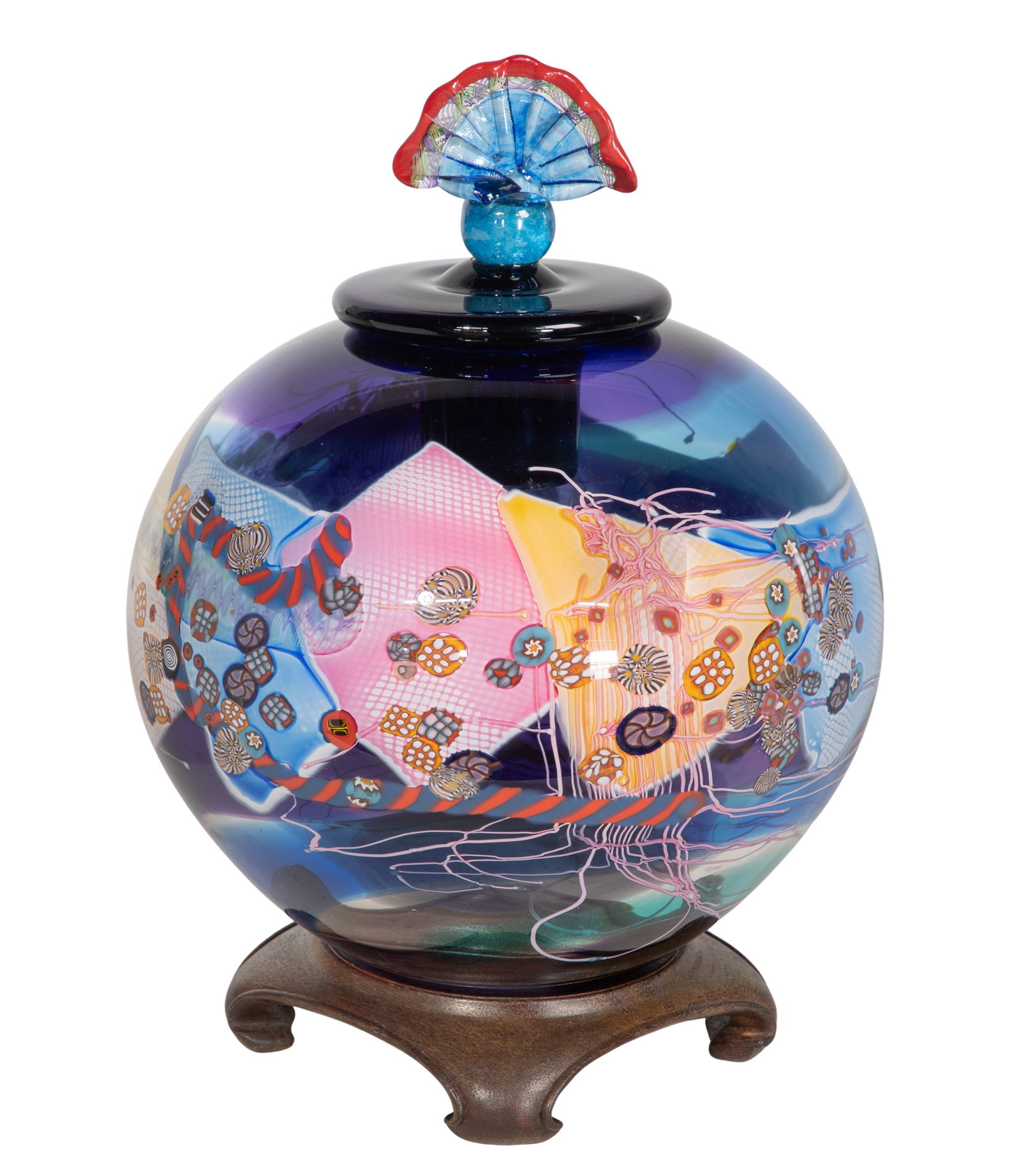 Wes Hunting (American, b.1958) Art Glass Vessel: Wes Hunting (American, b.1958) Art Glass Vessel Undated, etched signature underside, an globular vessel having a fan style lid from the 'Colorfield' series, hot-glass painting, cane and murrini