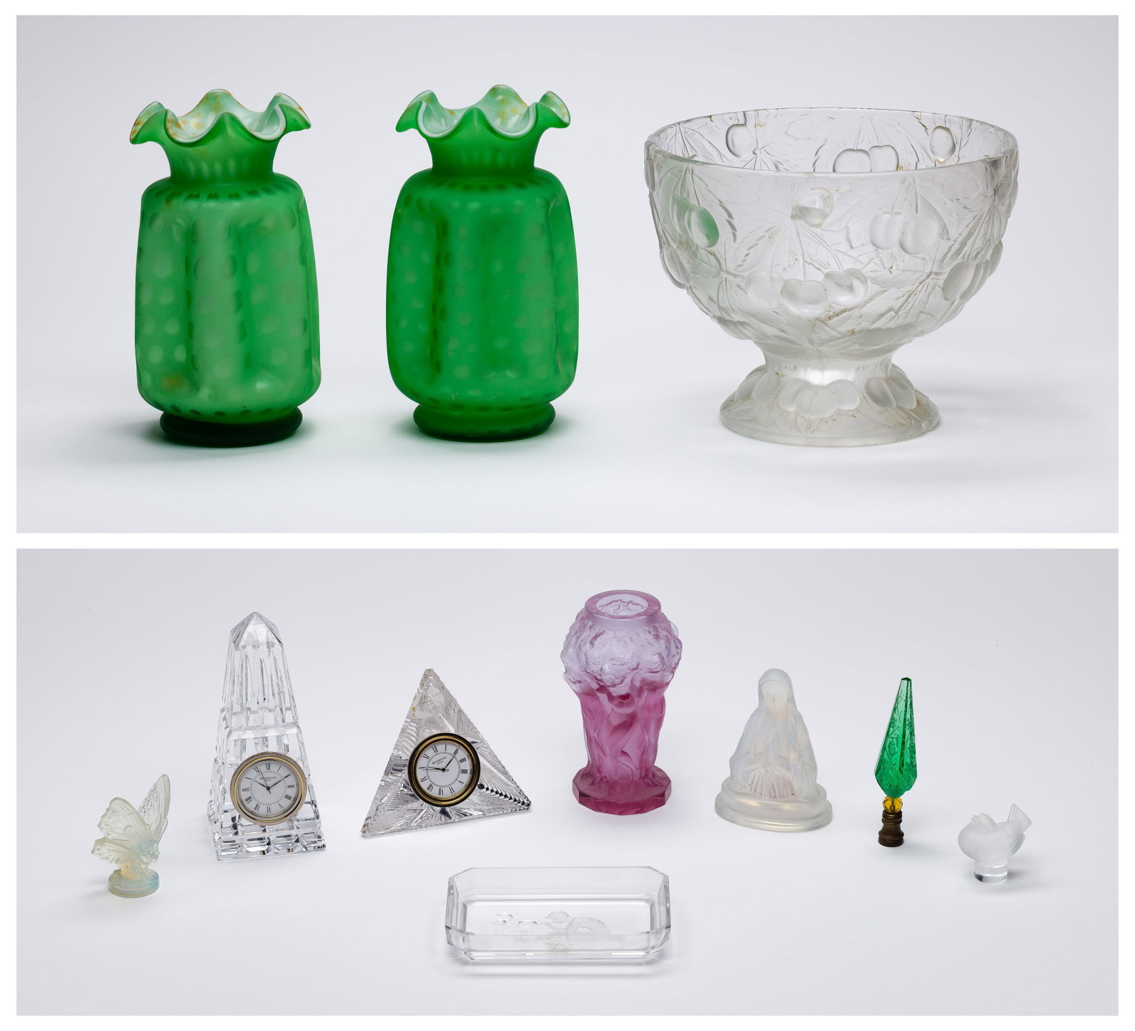 Art Glass and Crystal Assortment: Art Glass and Crystal Assortment (11) items including a Lalique and other French crystal figurines, (2) Waterford crystal desk clocks, a Czech Bacchantes vase, a large molded glass fruit bowl, an