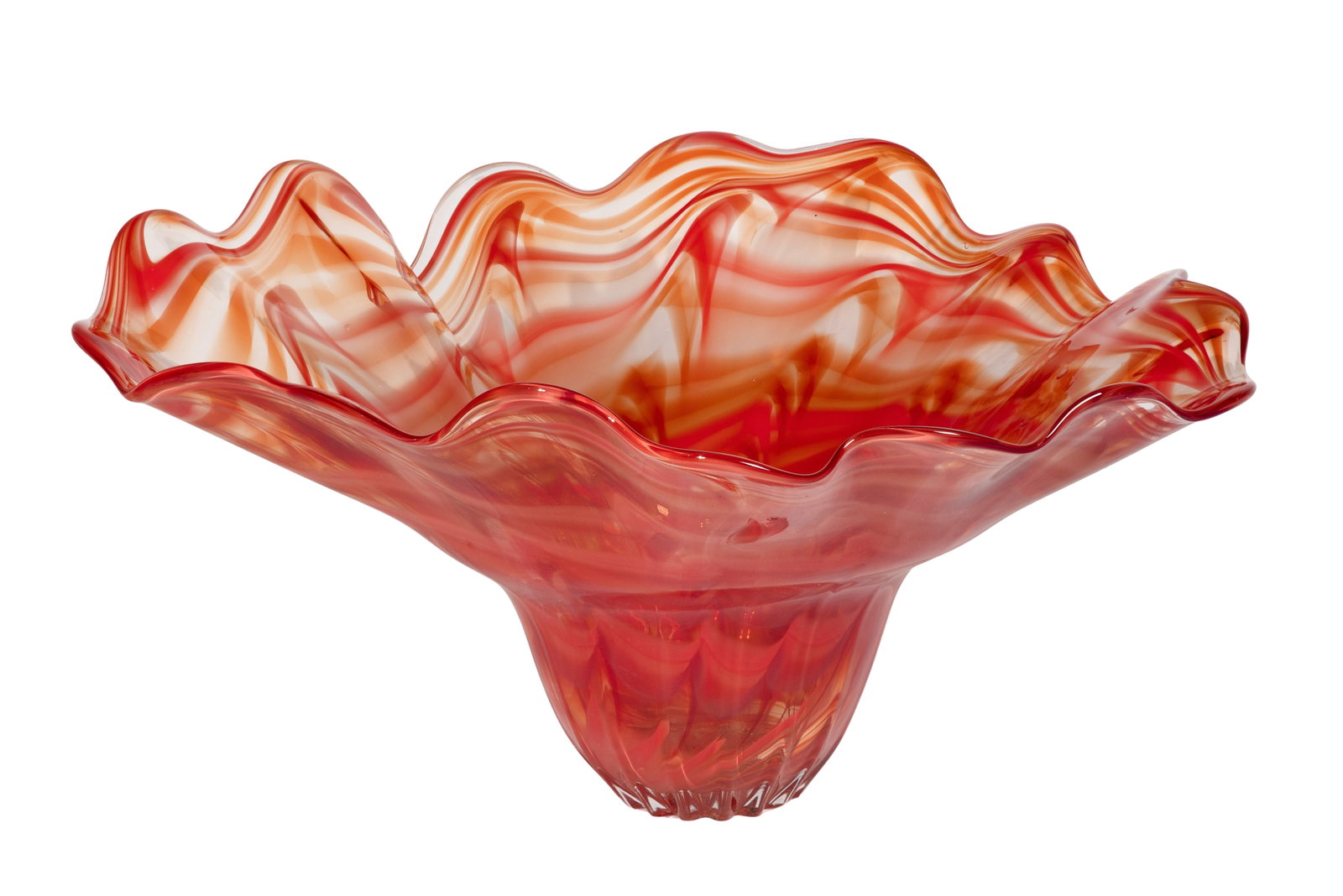 Herman Leonhardt (American, 1948-2011) 'Swamp Art' Glass Bowl: Herman Leonhardt (American, 1948-2011) 'Swamp Art' Glass Bowl Undated, engraved signature and Swamp Art mark at pontil, art glass centerpiece bowl in hues of red having a wide freeform rim over a