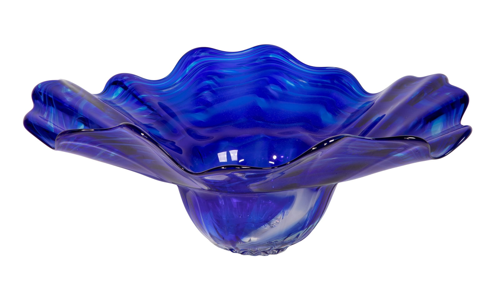 Herman Leonhardt (American, 1948-2011) 'Swamp Art' Glass Bowl: Herman Leonhardt (American, 1948-2011) 'Swamp Art' Glass Bowl Undated, engraved initials and Swamp Art mark at pontil, art glass centerpiece bowl in cobalt blue having a wide freeform rim over a