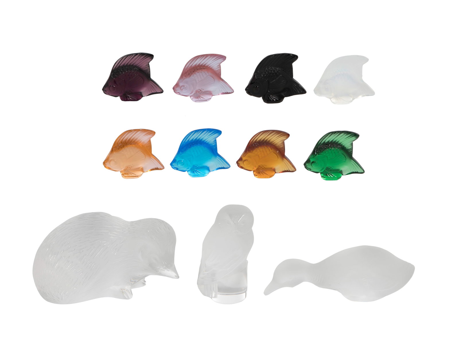 Lalique Frosted Crystal Animal Assortment: Lalique Frosted Crystal Animal Assortment (11) total items including Herrison the hedgehog, a Chouette crystal owl, (8) Poisson multi-color fish; together with a Baccarat duck paperweight, all pieces