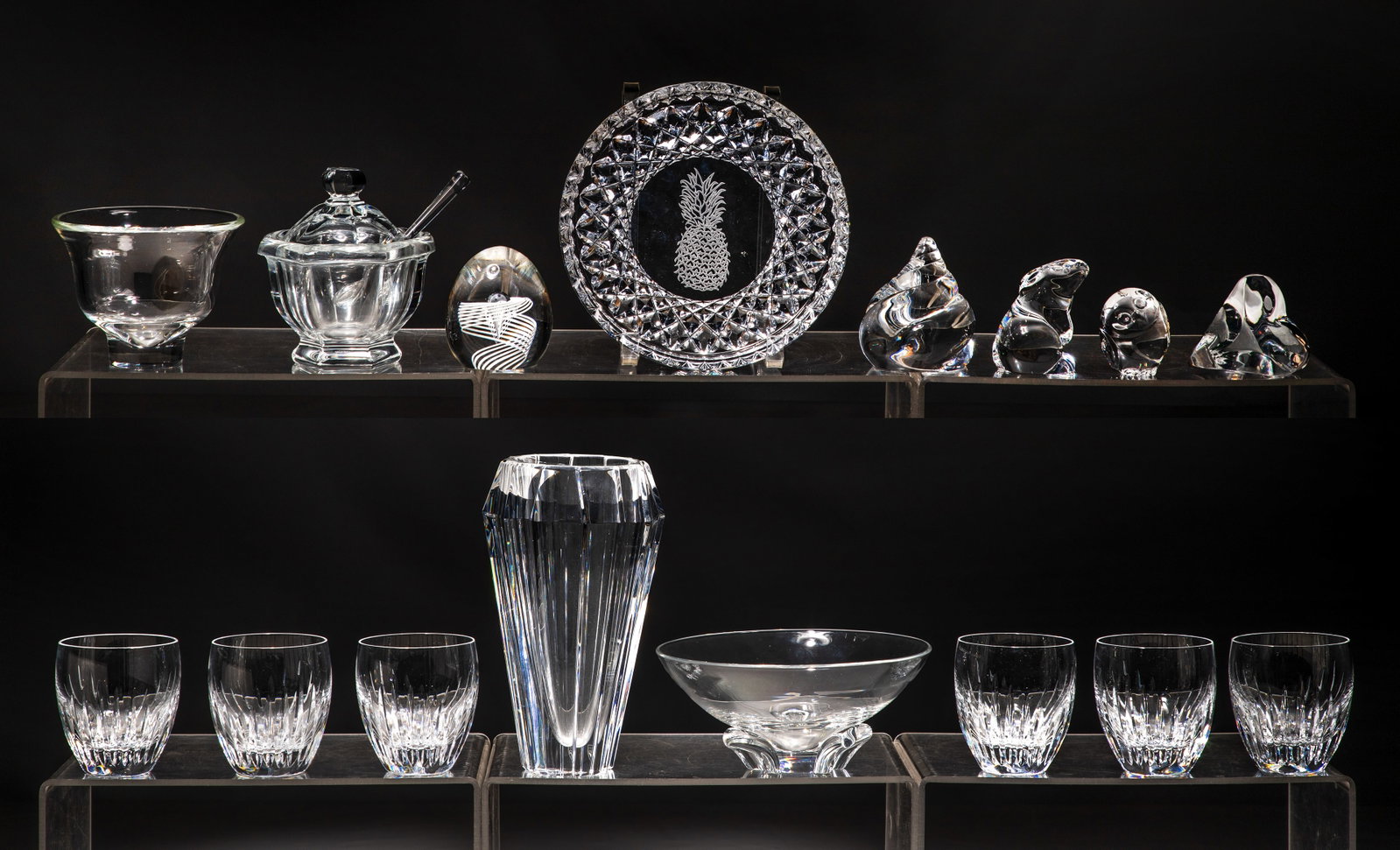 Baccarat, Steuben and Orrefors Crystal Assortment: Baccarat, Steuben and Orrefors Crystal Assortment (16) items including a Baccarat rabbit figurine, lidded relish bowl having spoon and set of (6) Massena tumblers, a Steuben owl figurine, (2) bowls