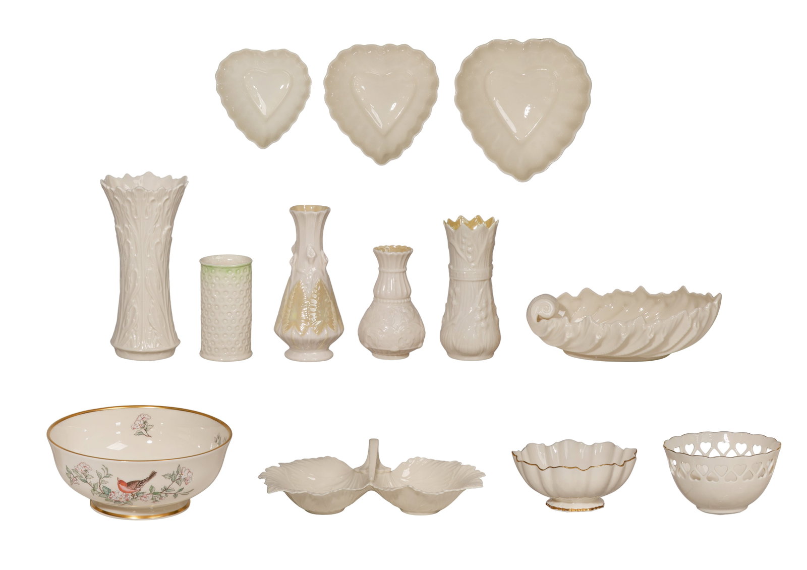 Lenox and Belleek Porcelain Assortment: Lenox and Belleek Porcelain Assortment (13) items including (7) Lenox bowls, vases and other tableware as well as (4) Belleek vases, all pieces marked Property from: a Private Collector, Lombard,