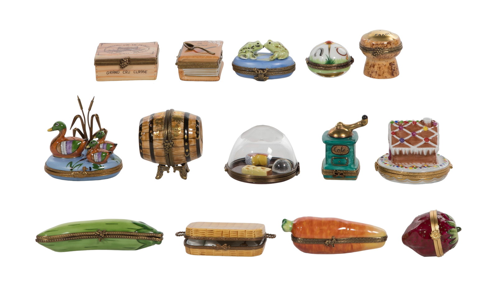 Limoges Trinket Box Assortment: Limoges Trinket Box Assortment (14) items of various shapes, sizes and styles, some having original gifts, all marked Property from: a Private Collector, Lombard, Illinois Height: 3 inches, Depth: 2