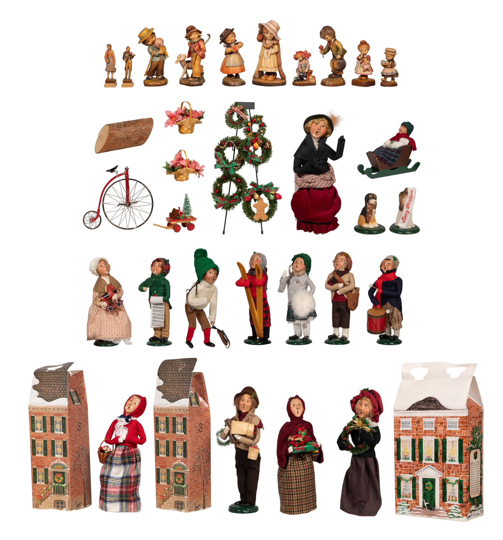 Anri and Byers Choice Figurine Assortment: Anri and Byers Choice Figurine Assortment Approximately (30) items including (14) Byers carolers and animals and (7) Anri figures, all marked, as well as wreaths, tricycles and flowers, some having
