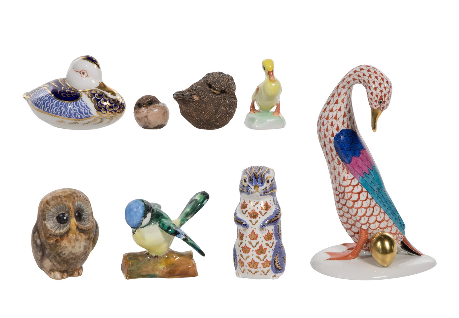 Herend and Porcelain Animal Figurines: Herend and Porcelain Animal Figurines (8) items, figurines include a Herend goose with golden egg featuring rust fishnet pattern and a duck standing on a base, Royal Crown Derby porcelain