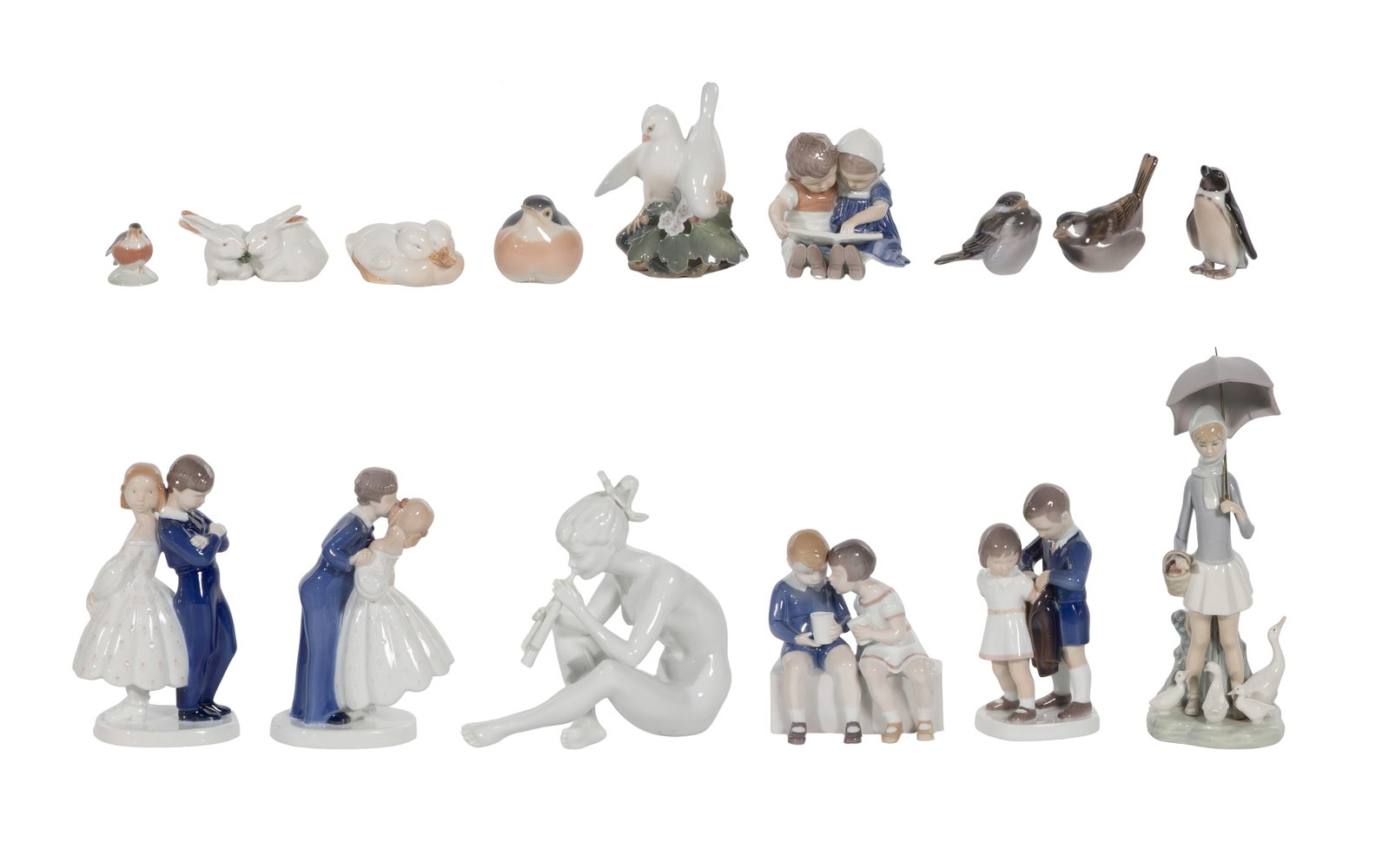 Porcelain Figurine Assortment: Porcelain Figurine Assortment (15) items in underglaze blue and white including miniature animal and bird figures, nesting birds, a duckling, a pair of rabbits, a penguin, dancing couples,