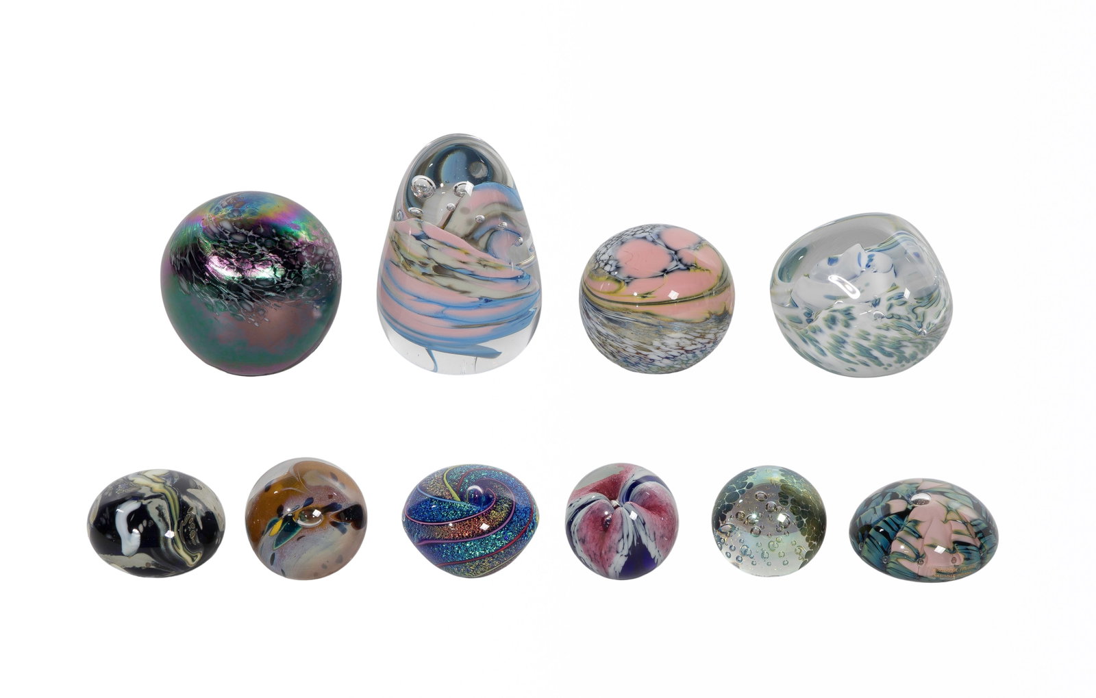Paperweight Assortment: Paperweight Assortment (10) items of various sizes, shapes, designs and makers including Glass Eye Studio and Schuster Property from: a Private Collector, Lombard, Illinois Height: 4 inches, Width: 2