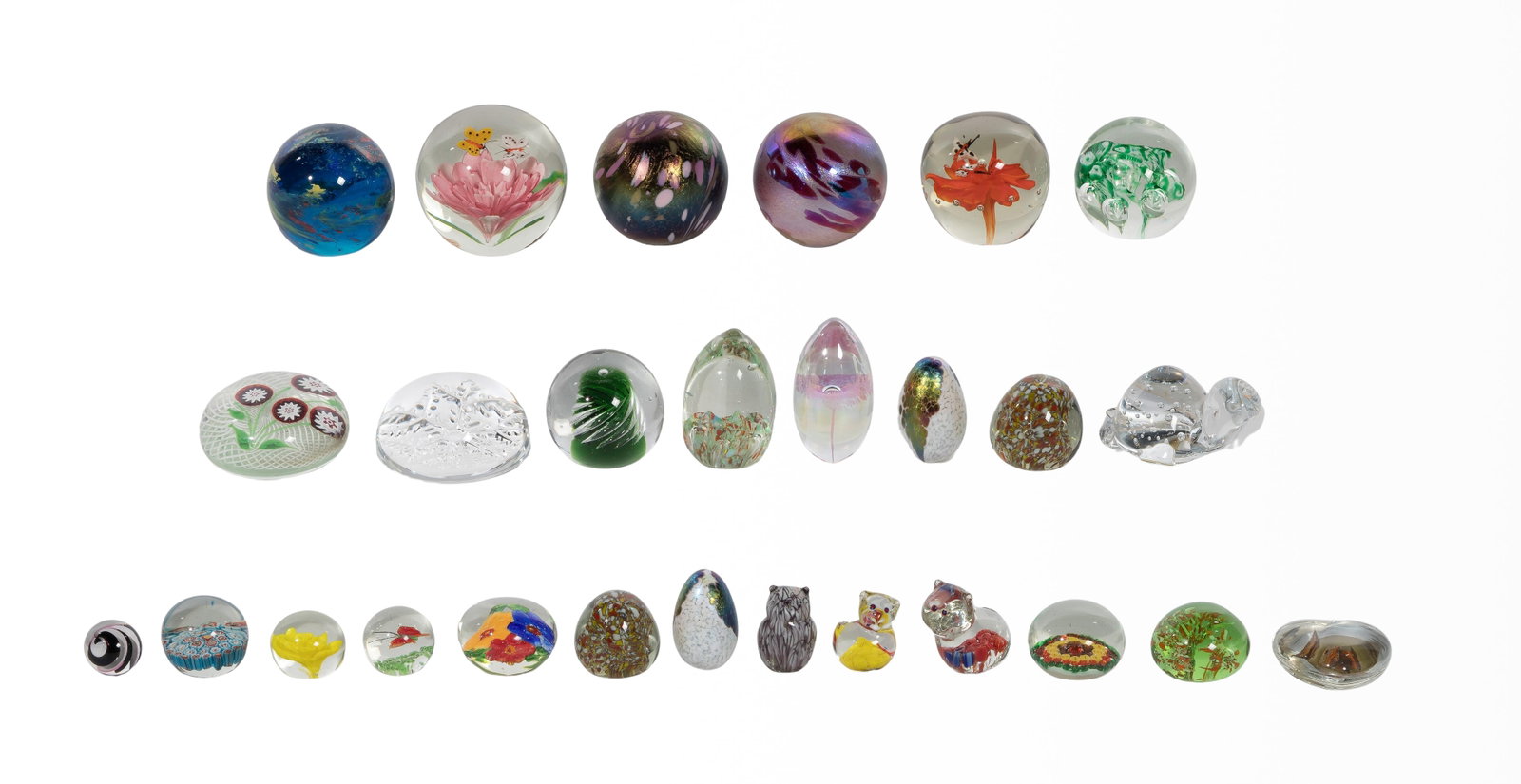 Paperweight Assortment: Paperweight Assortment (27) items of various shapes, sizes and designs, most unsigned Property from: a Private Collector, Lombard, Illinois Diameter: 3 1/4 inches (largest) Condition: overall light we