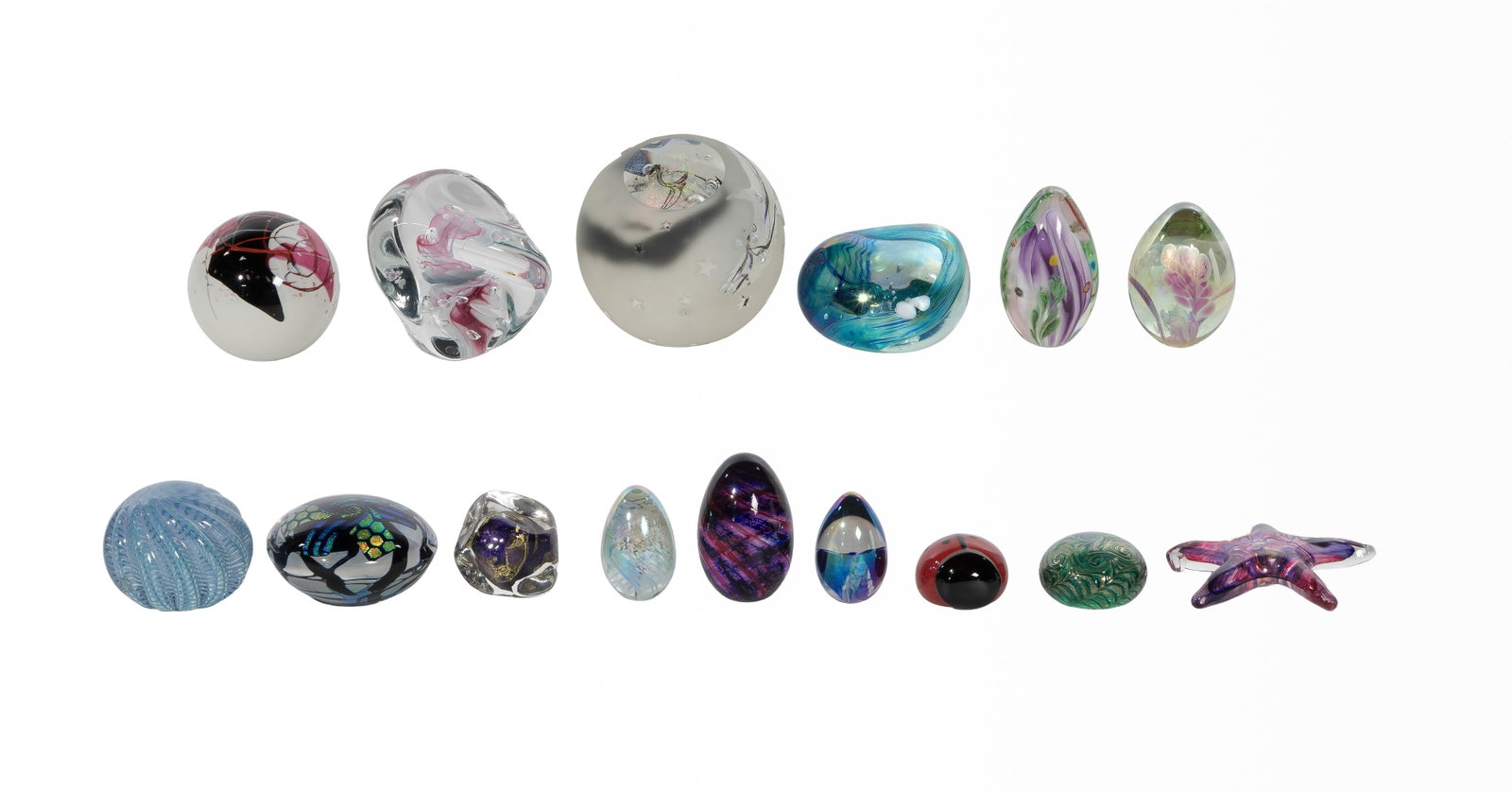 Paperweight Assortment: Paperweight Assortment (15) items of various shapes, designs, sizes and artists, most illegibly signed Property from: a Private Collector, Lombard, Illinois Diameter: 4 1/4 inches (largest)