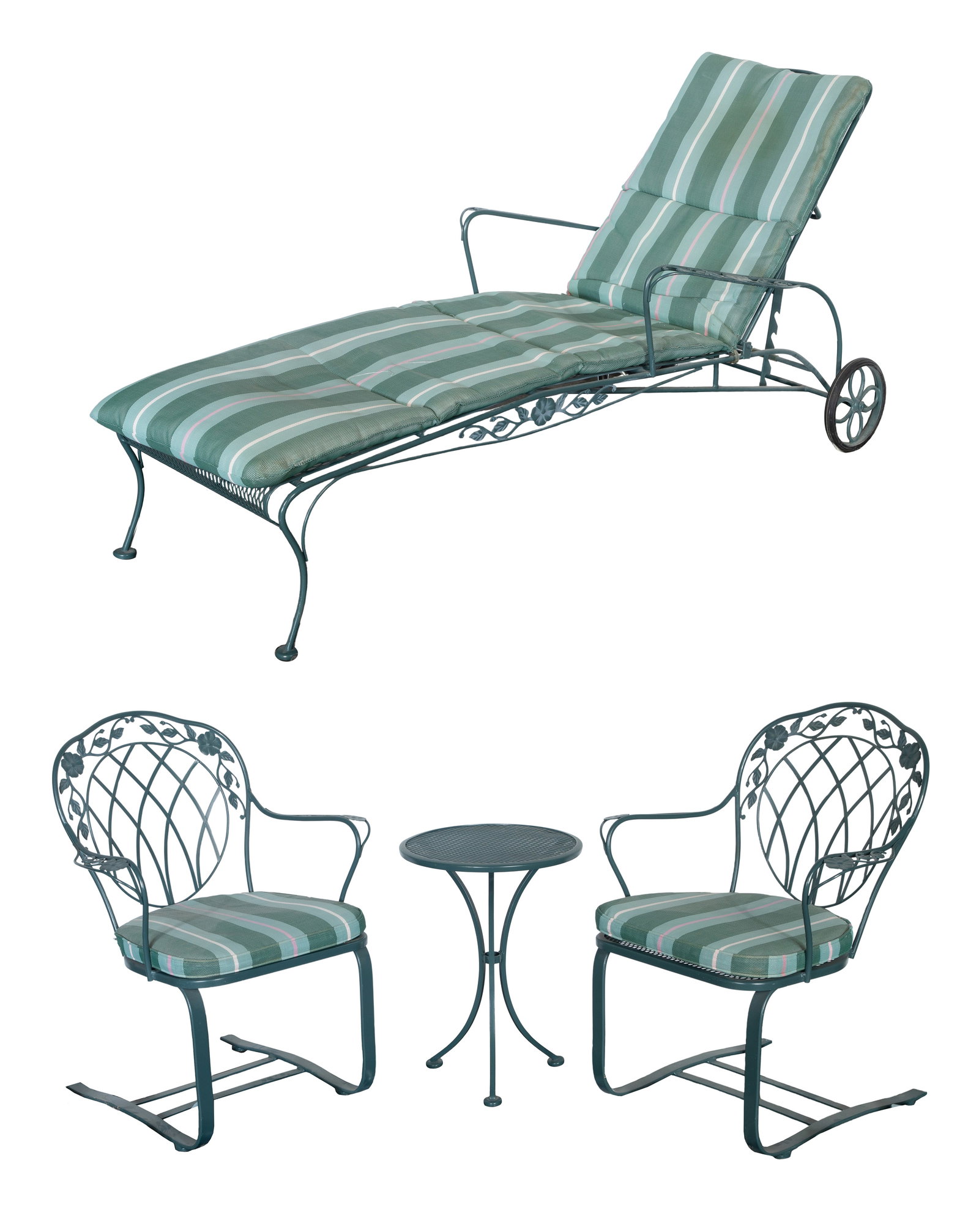 Winston Furniture Co. Patio Furniture: Winston Furniture Co. Patio Furniture (4) items including a chaise lounge and pair of armchairs having cushions as well as a side table having a 17-inch round top, all metal having a green painted