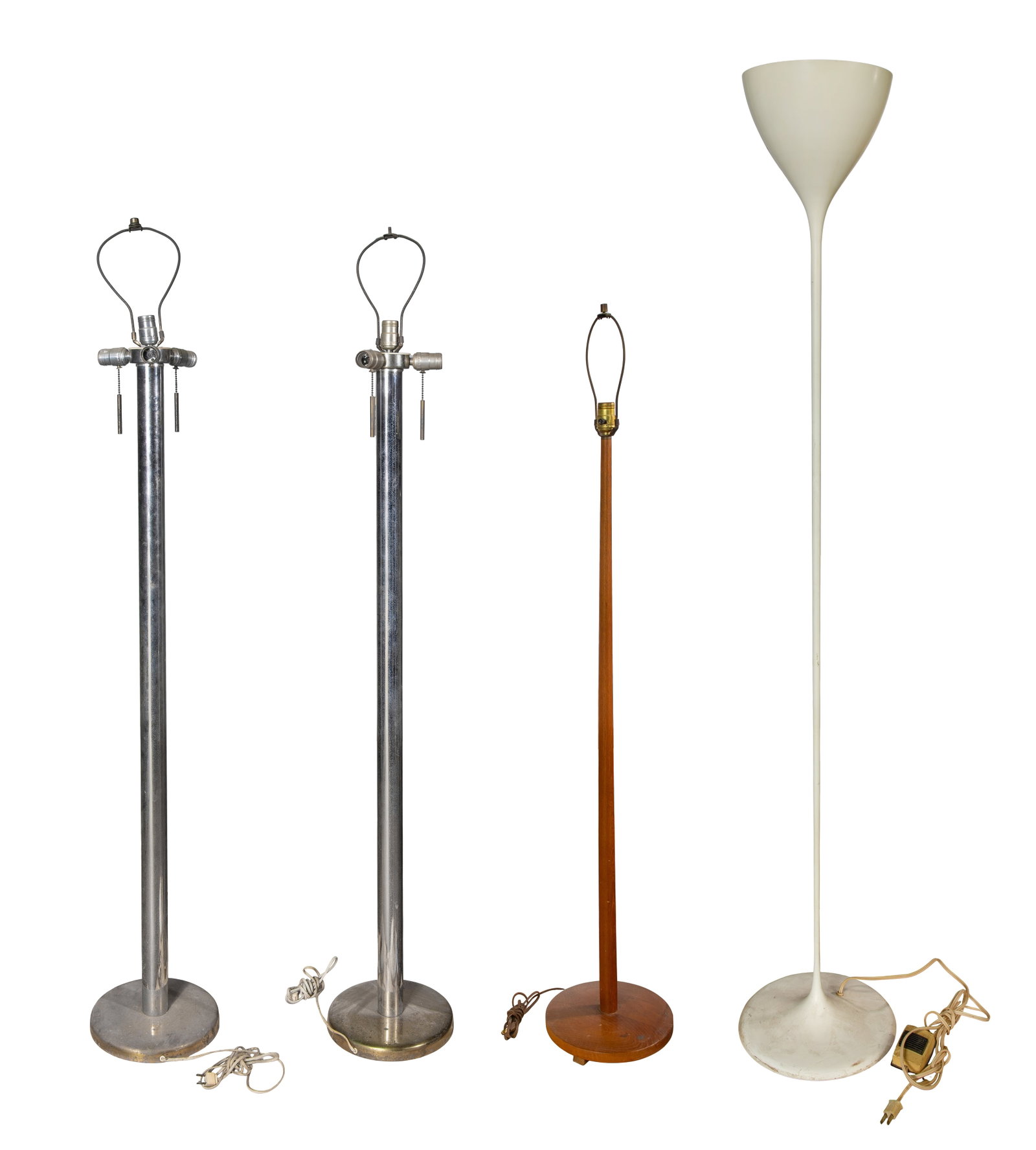 Mid-Century Modern Style Lamp Assortment: Mid-Century Modern Style Lamp Assortment (4) items, all floor lamp including a (2) of chrome column, a white enamel cone shape up-light and a wood stem Provenance: From the collection of Mary Kay