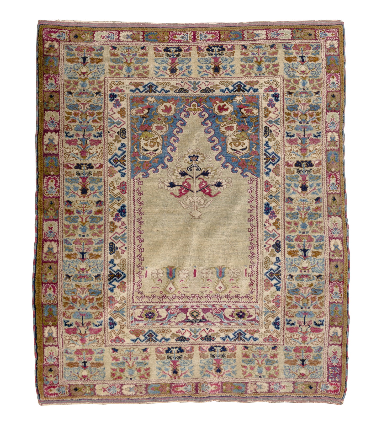 Wool Prayer Rug: Wool Prayer Rug Anatolian prayer design having a central archway (mihrab) and floral tree motif, in hues of pink, blue, brown and olive on a tan field Property from: an Estate, Wilmette, Illinois Rug