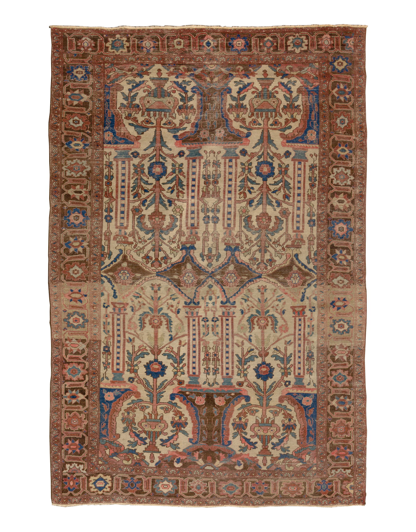 Persian Wool Rug: Persian Wool Rug A pictorial rug having architectural columns, vase and bird motif in hues of tan, red, blue and brown on a cream field Property from: an Estate, Wilmette, Illinois Rug Size: 7 ft. 1