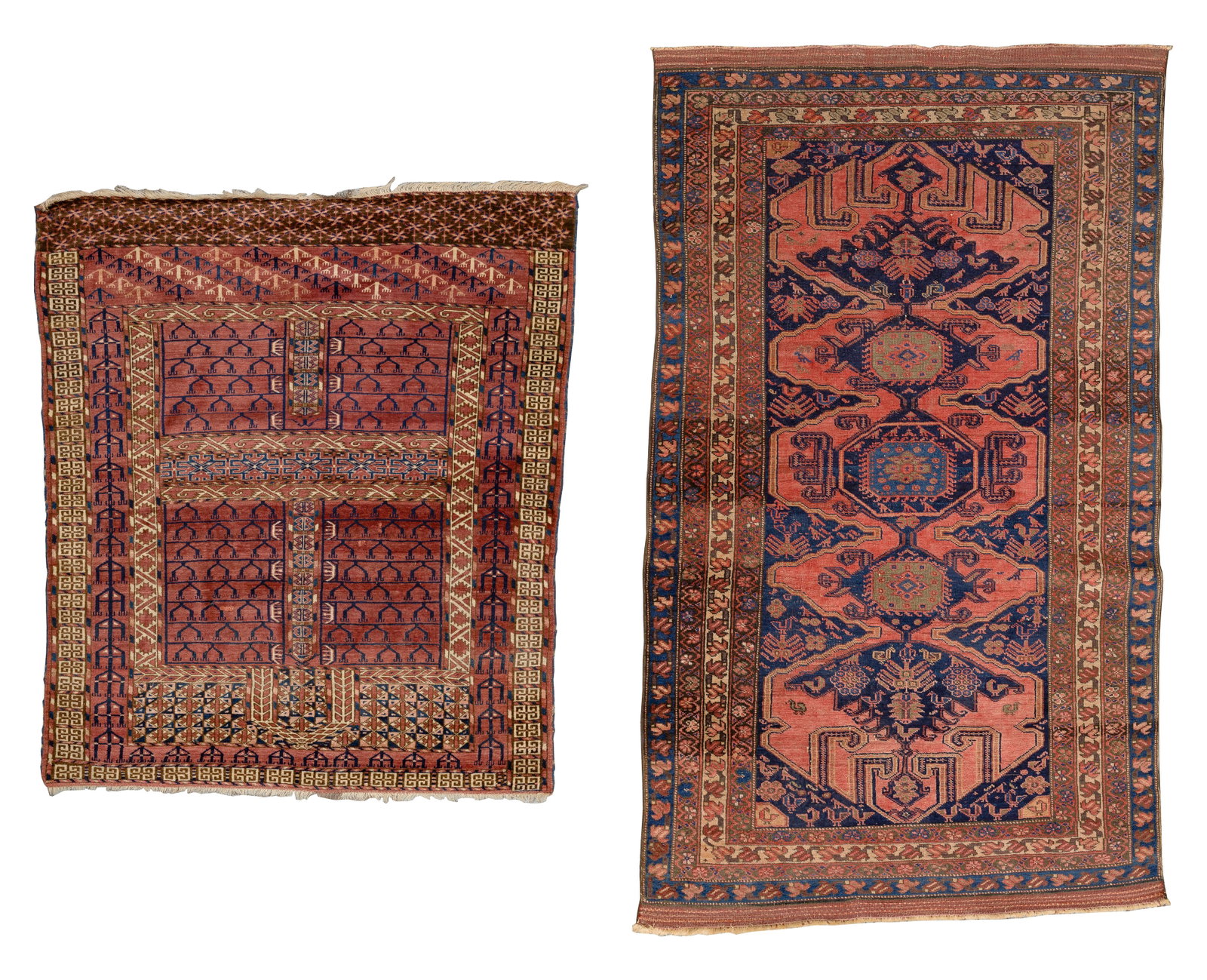 Persian Wool Rugs: Persian Wool Rugs (2) items consisting of a geometric and floral pattern having a vertical medallion design in hues of cream, blue and tan on a coral field and a Turkmen Tekke Ensi, the main field