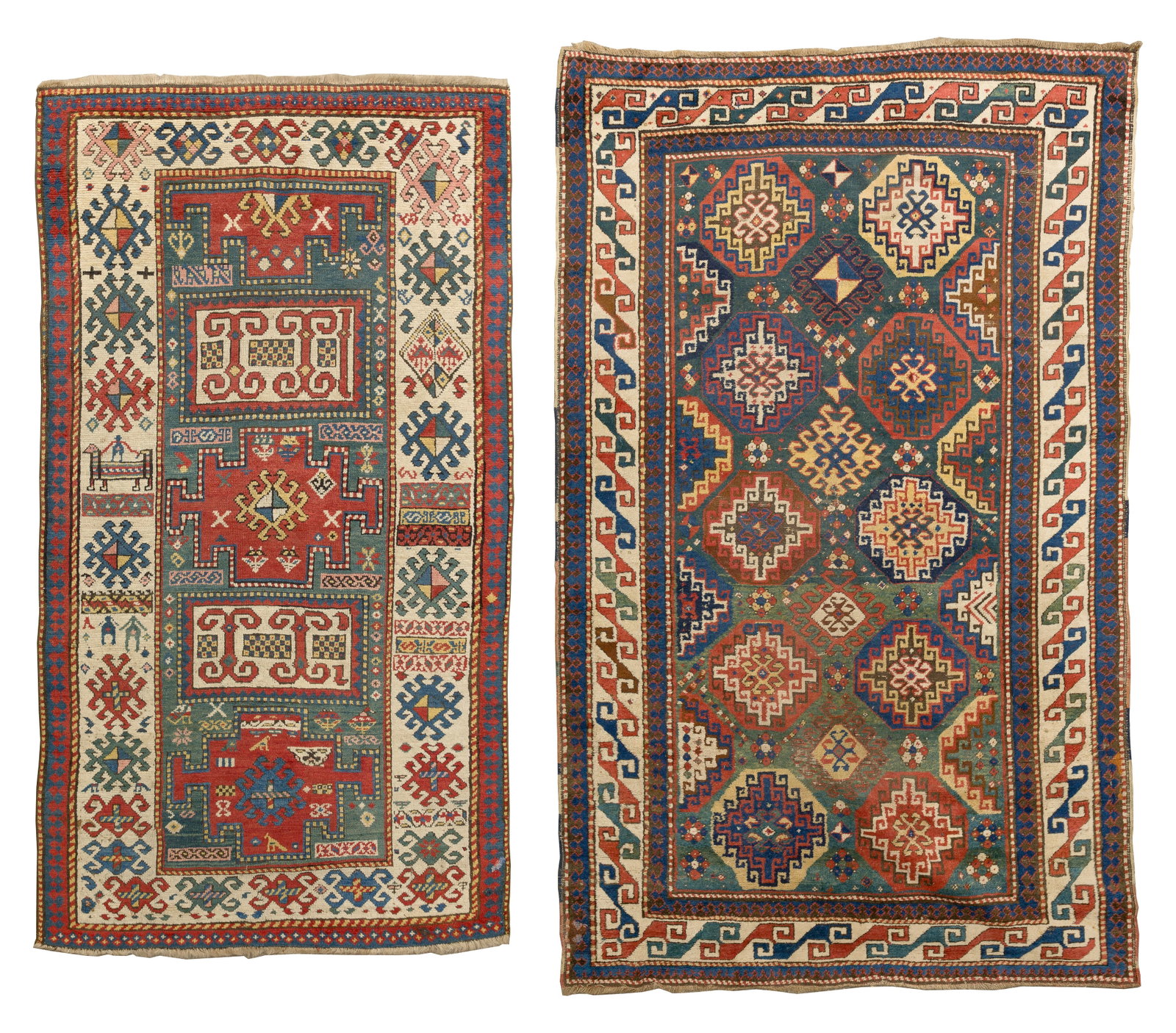 Caucasian Style Persian Wool Rugs: Caucasian Style Persian Wool Rugs (2) rugs including a geometric having diamonds and stars in hues of blue, cream, black and rust on a green field and a geometric and figural motif in hues of green,