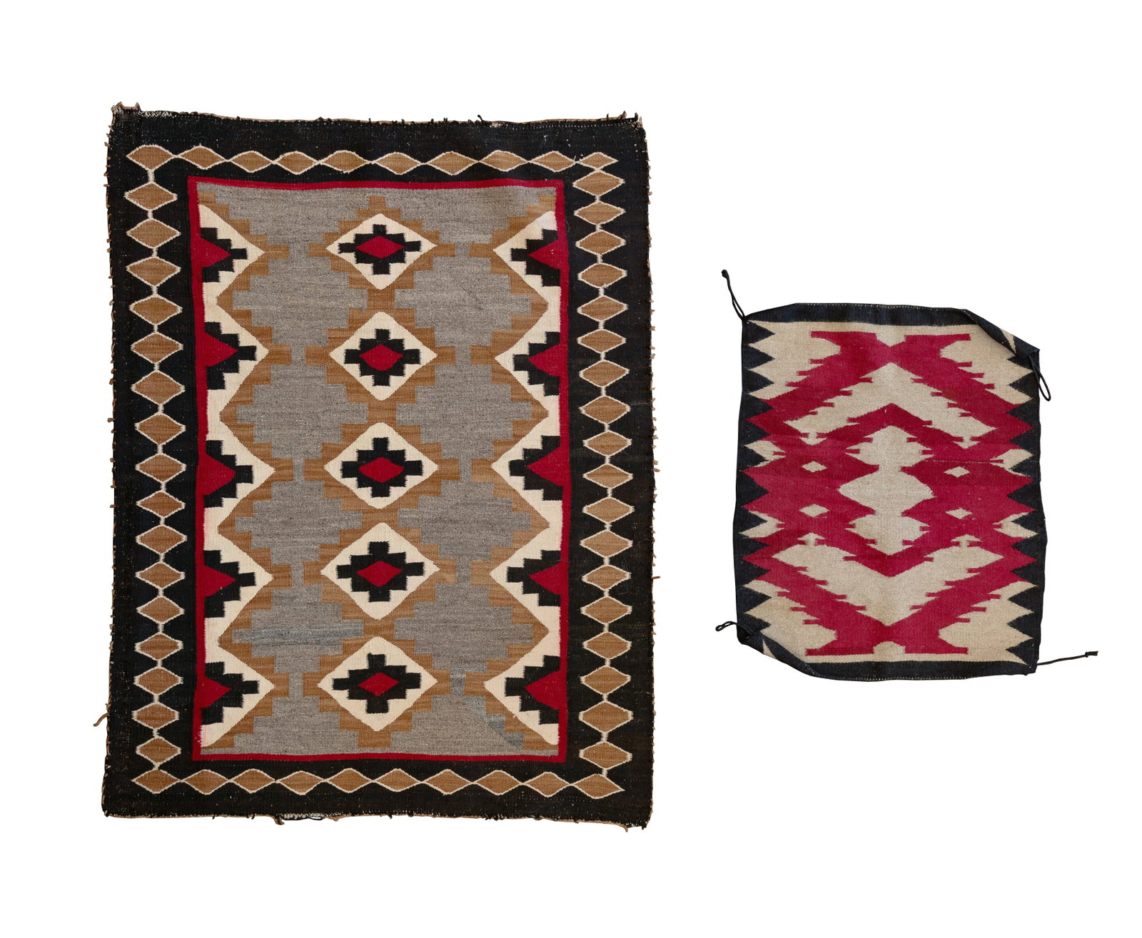 Native American Navajo Wool Textiles: Native American Navajo Wool Textiles (2) items including a rug having red, white, tan and black on oatmeal gray ground and a 27 x 22-inch wall hanging having red and black on pale gray ground